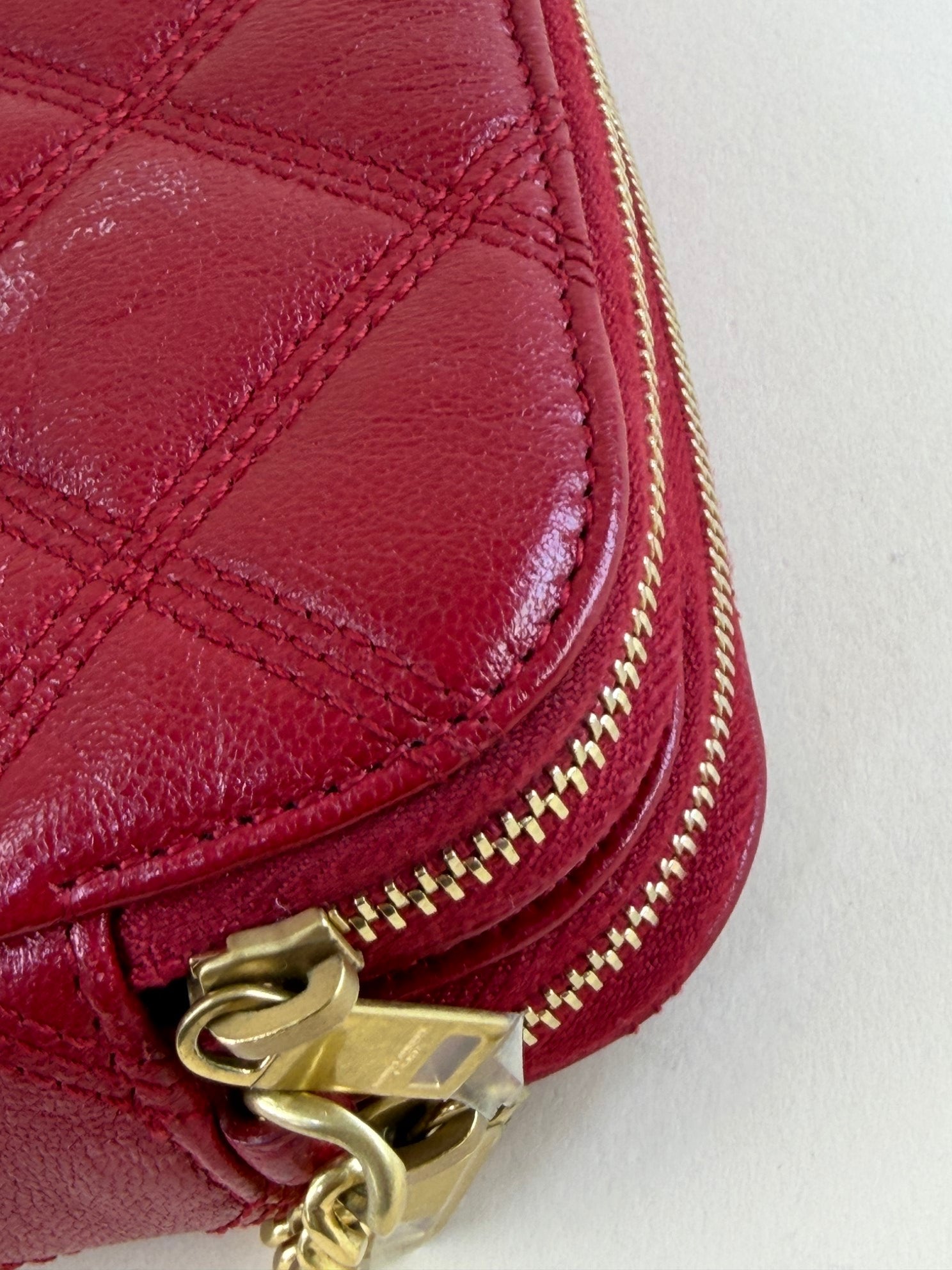 YSL Red grained lambskin quitted mini Becky double zip cross