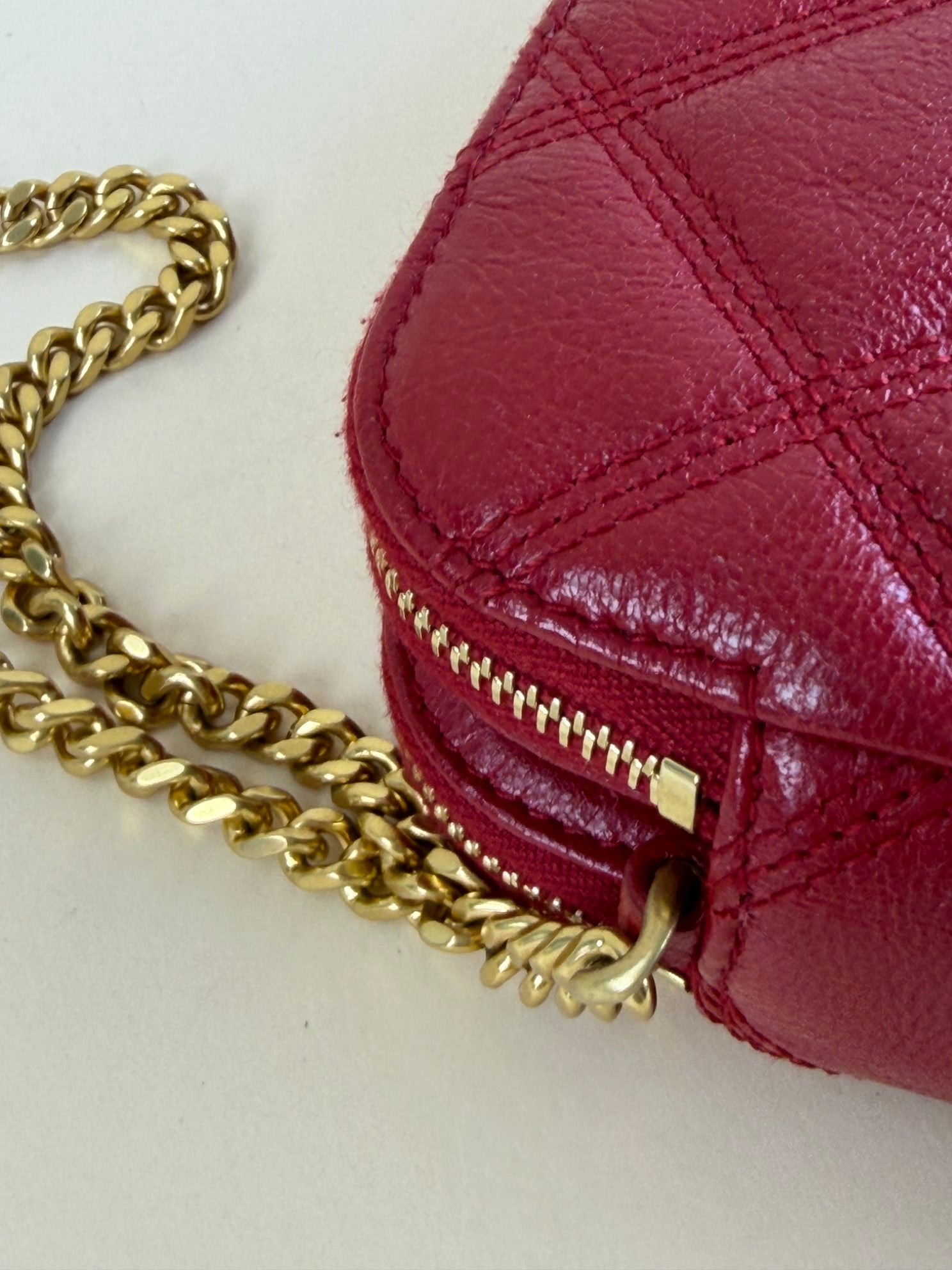 YSL Red grained lambskin quitted mini Becky double zip cross