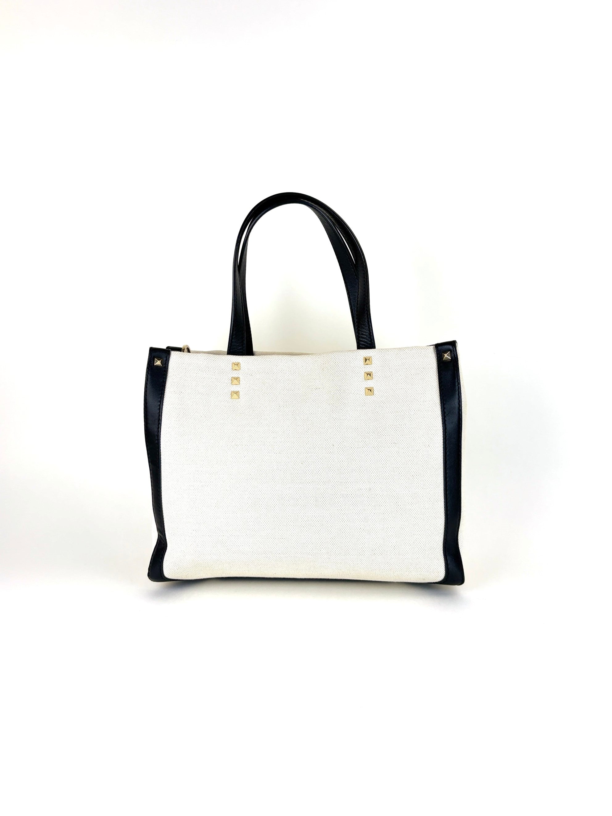 Valentino natural black canvas calfskin VLTN print small rock stud tote bag
