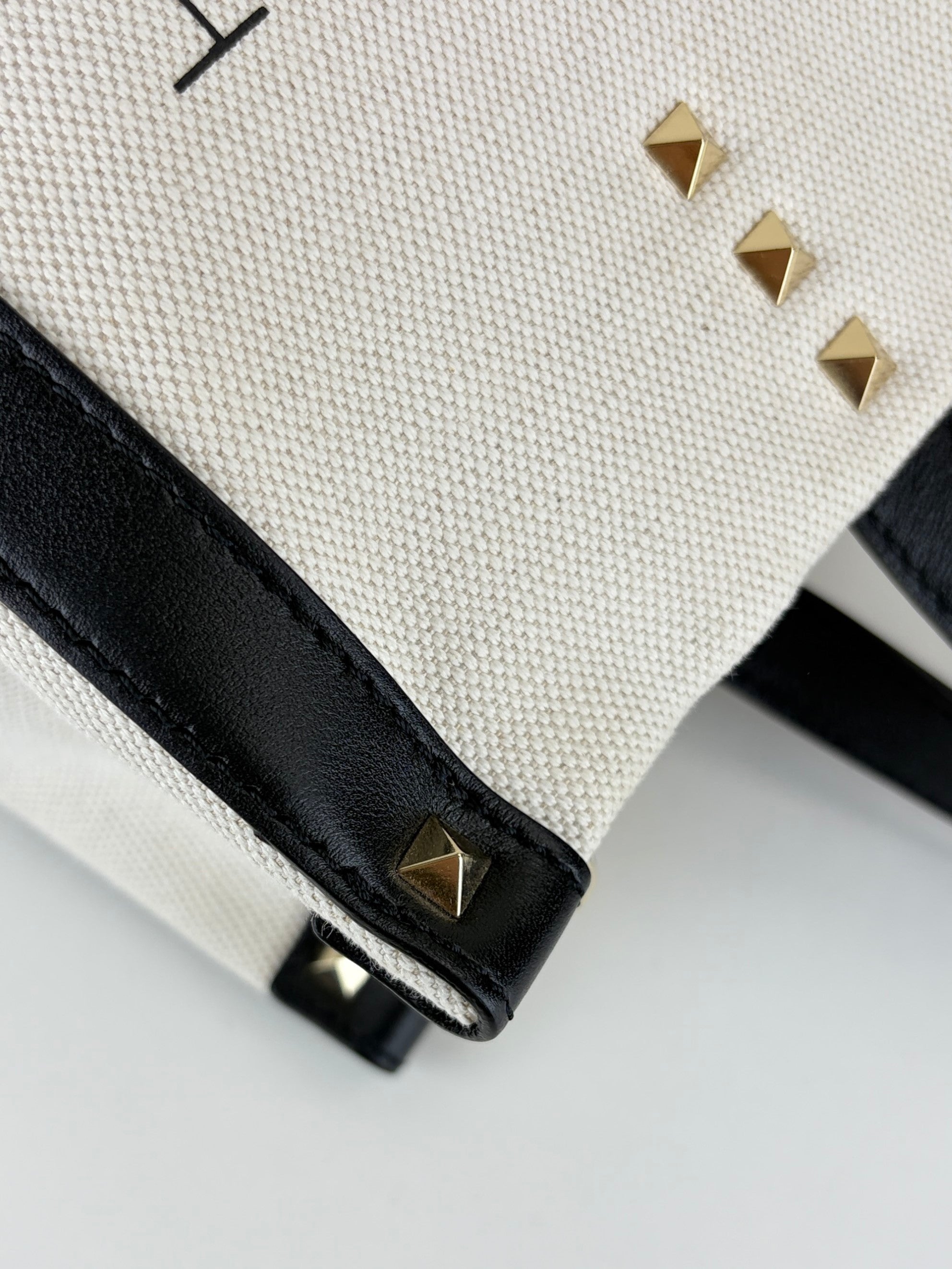 Valentino natural black canvas calfskin VLTN print small rock stud tote bag