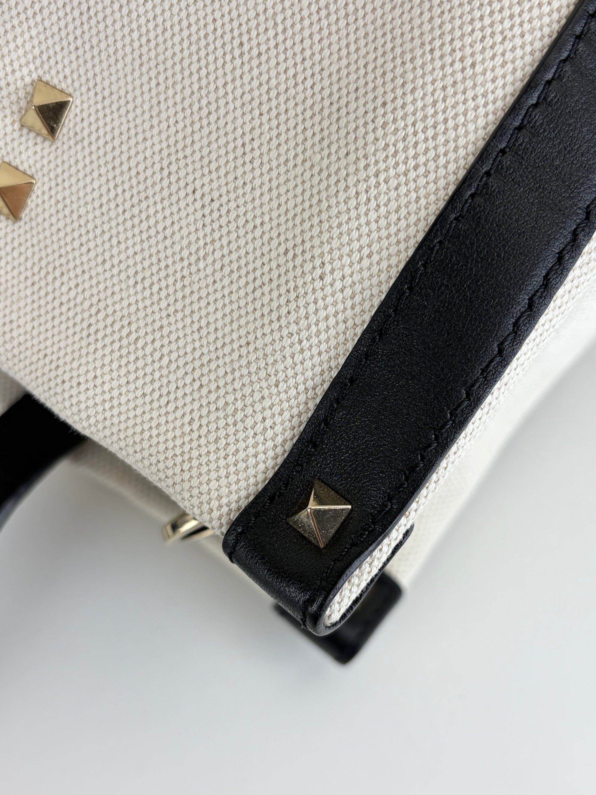 Valentino natural black canvas calfskin VLTN print small rock stud tote bag