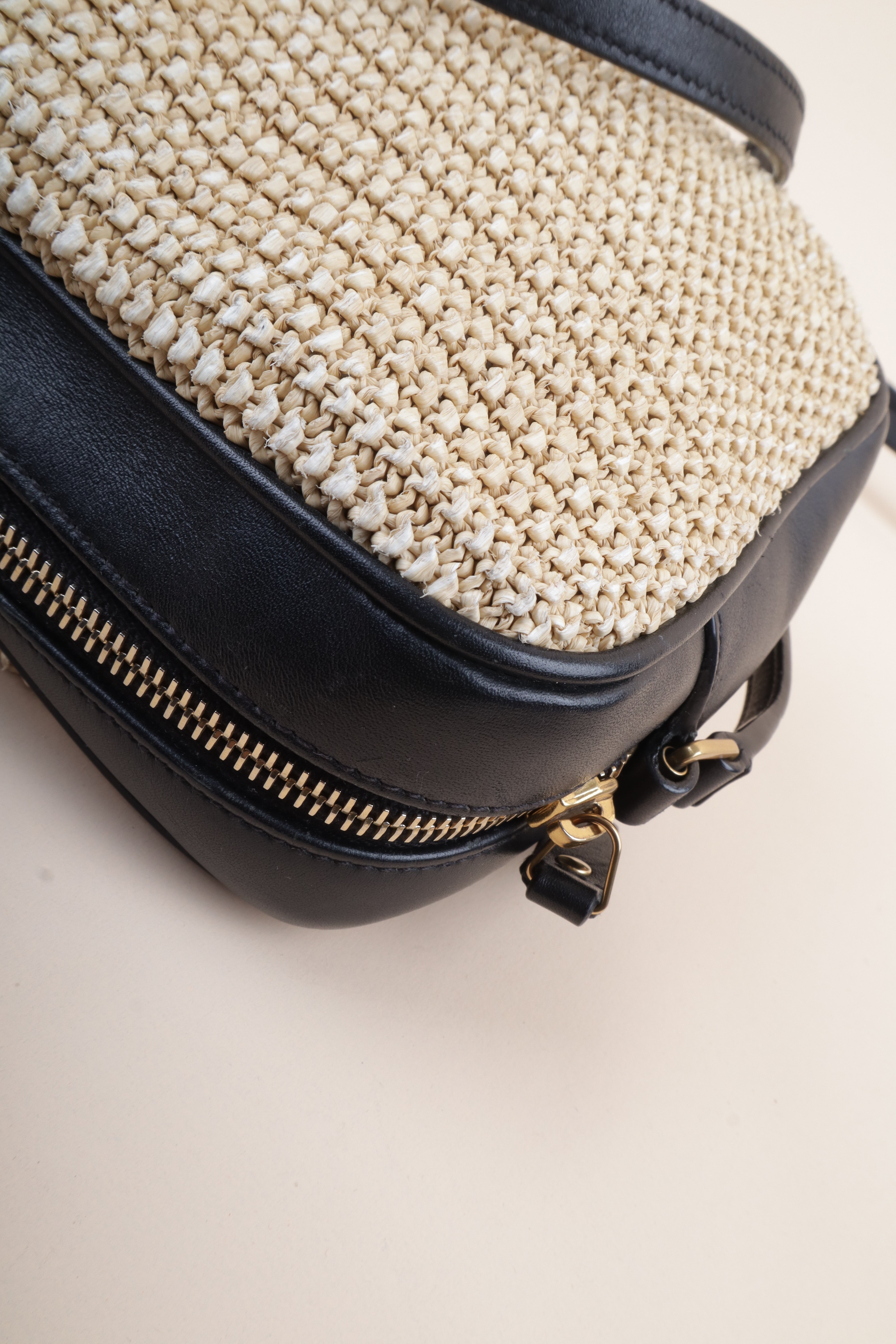 YSL Bicolor Raffia Lou Camera Bag with Charm