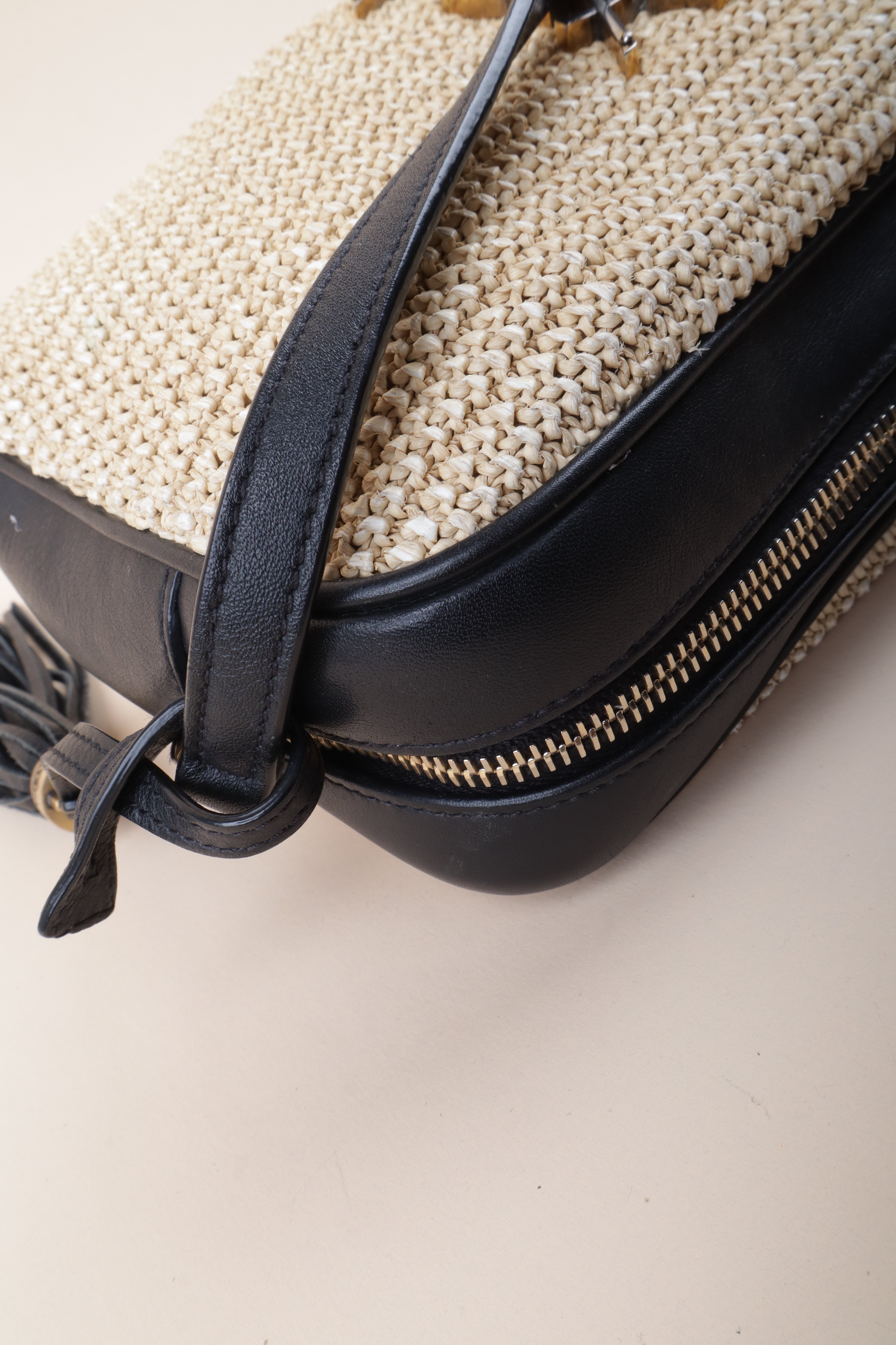 YSL Bicolor Raffia Lou Camera Bag with Charm