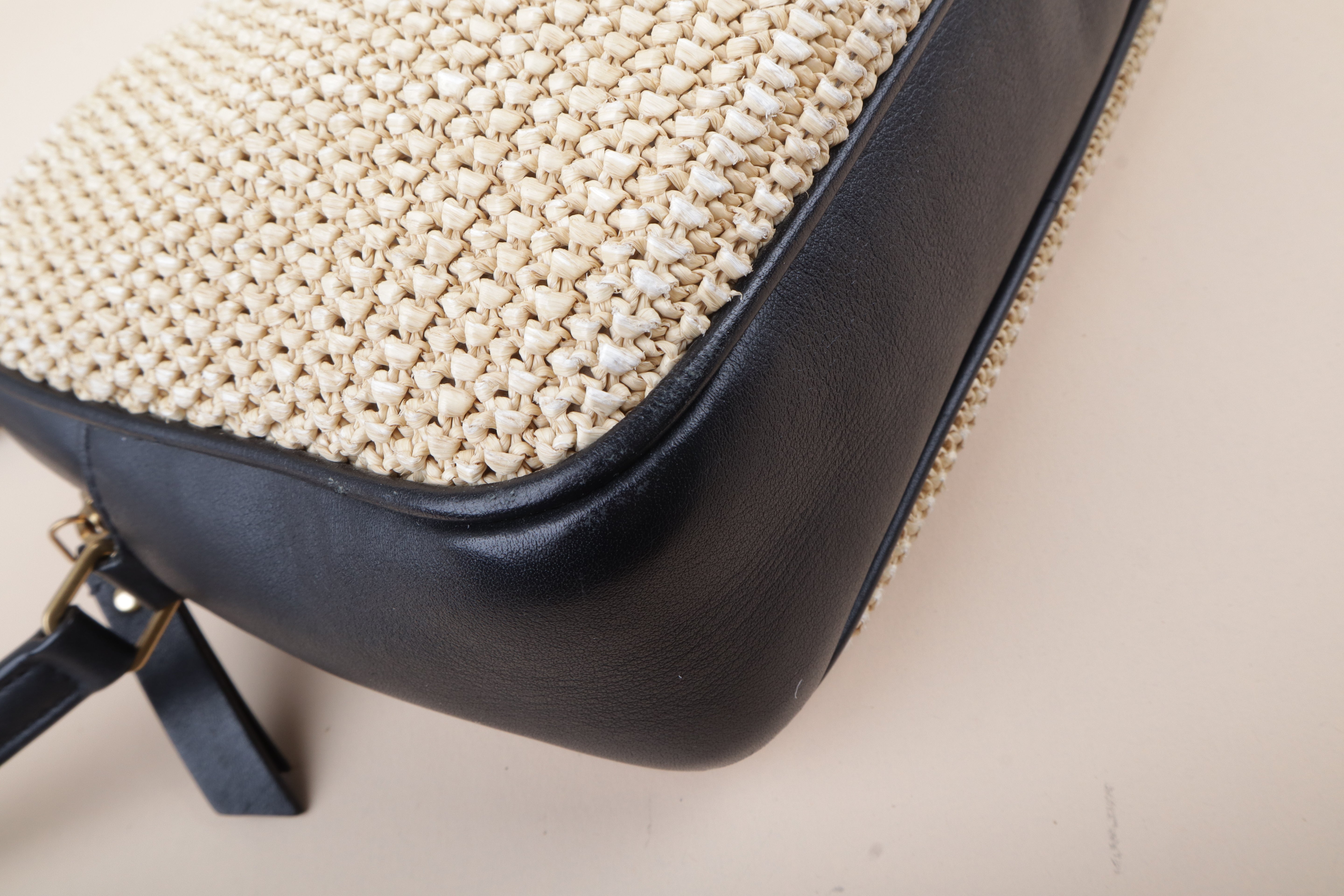 YSL Bicolor Raffia Lou Camera Bag with Charm