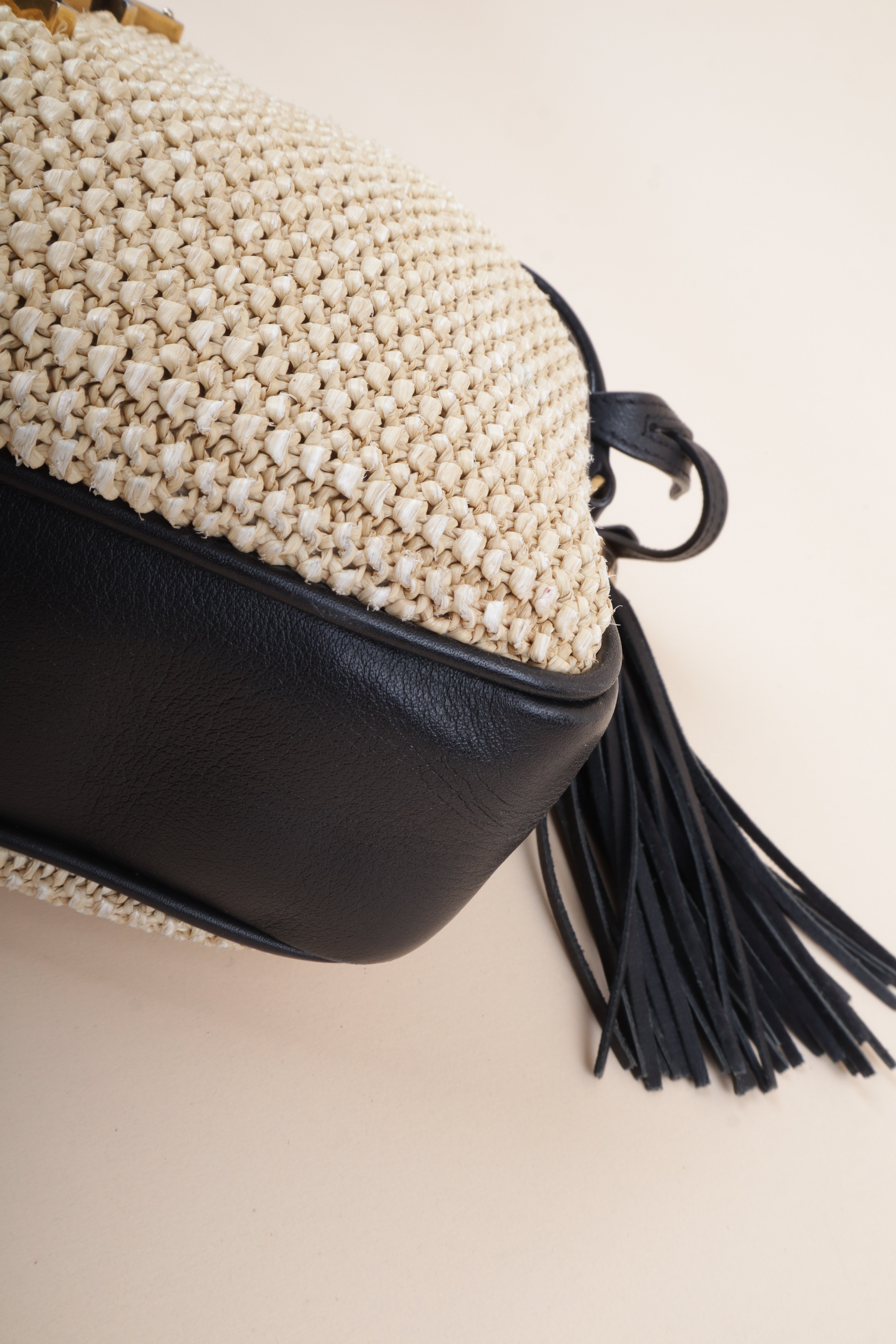 YSL Bicolor Raffia Lou Camera Bag with Charm