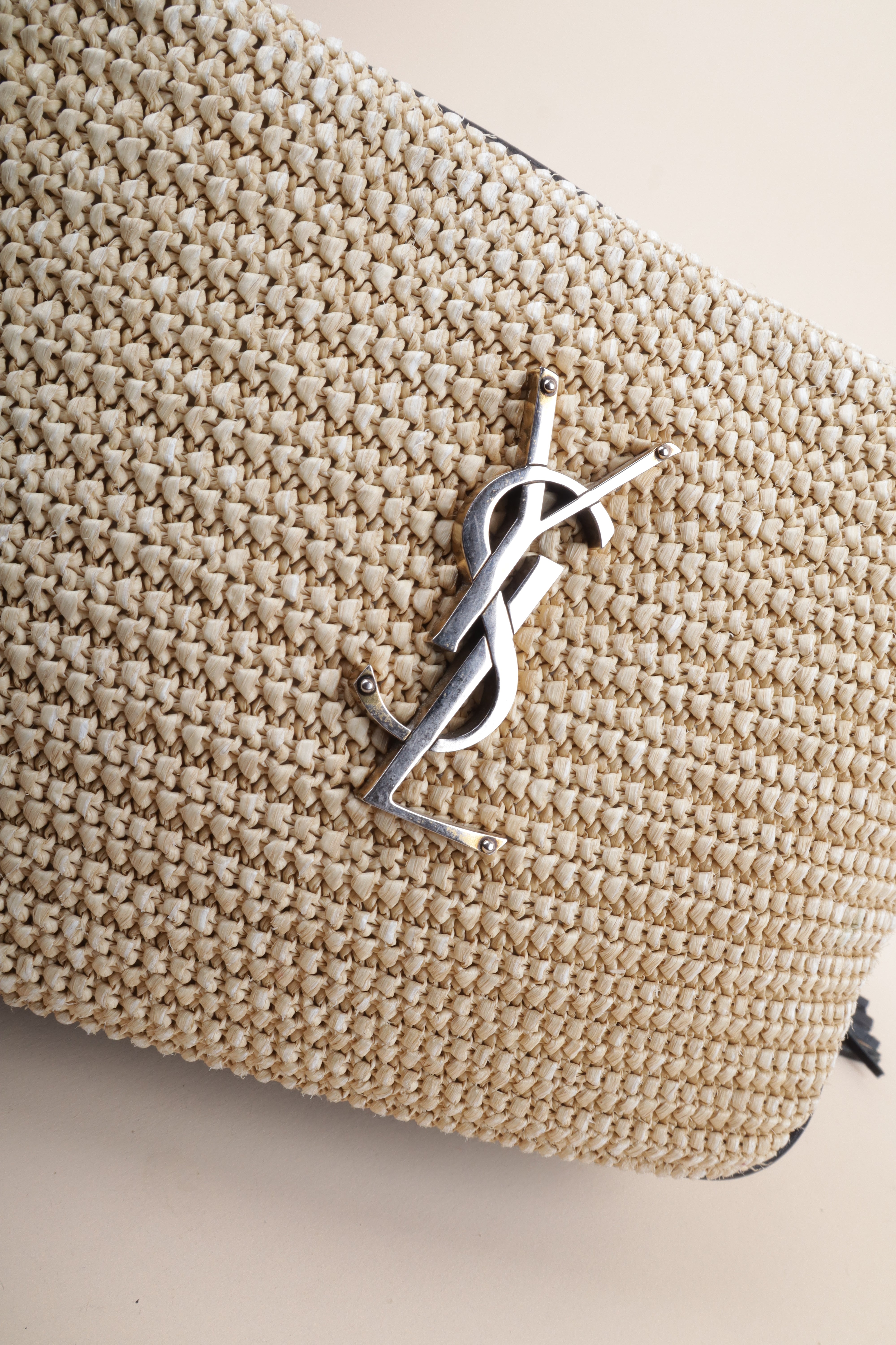 YSL Bicolor Raffia Lou Camera Bag with Charm