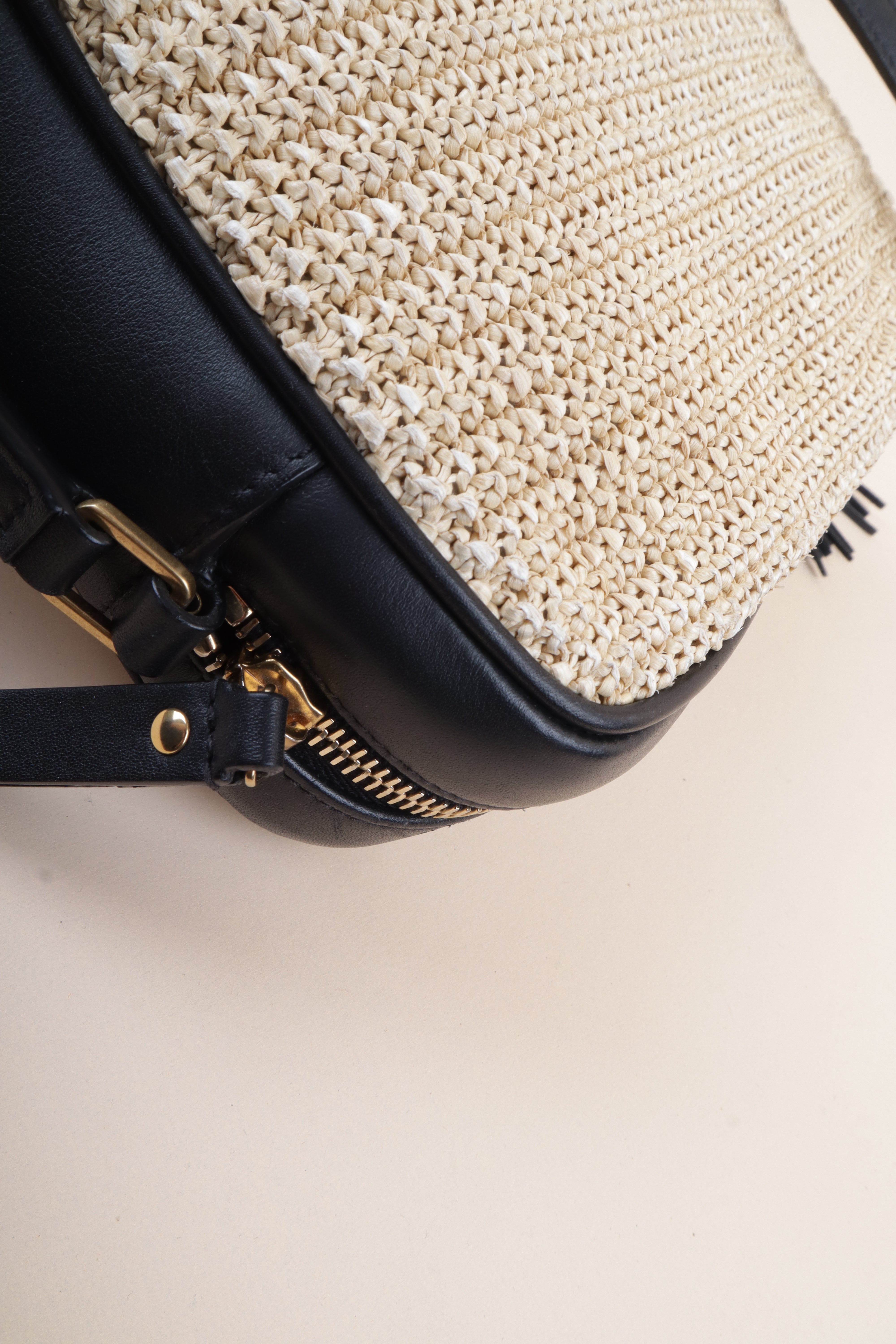 YSL Bicolor Raffia Lou Camera Bag with Charm