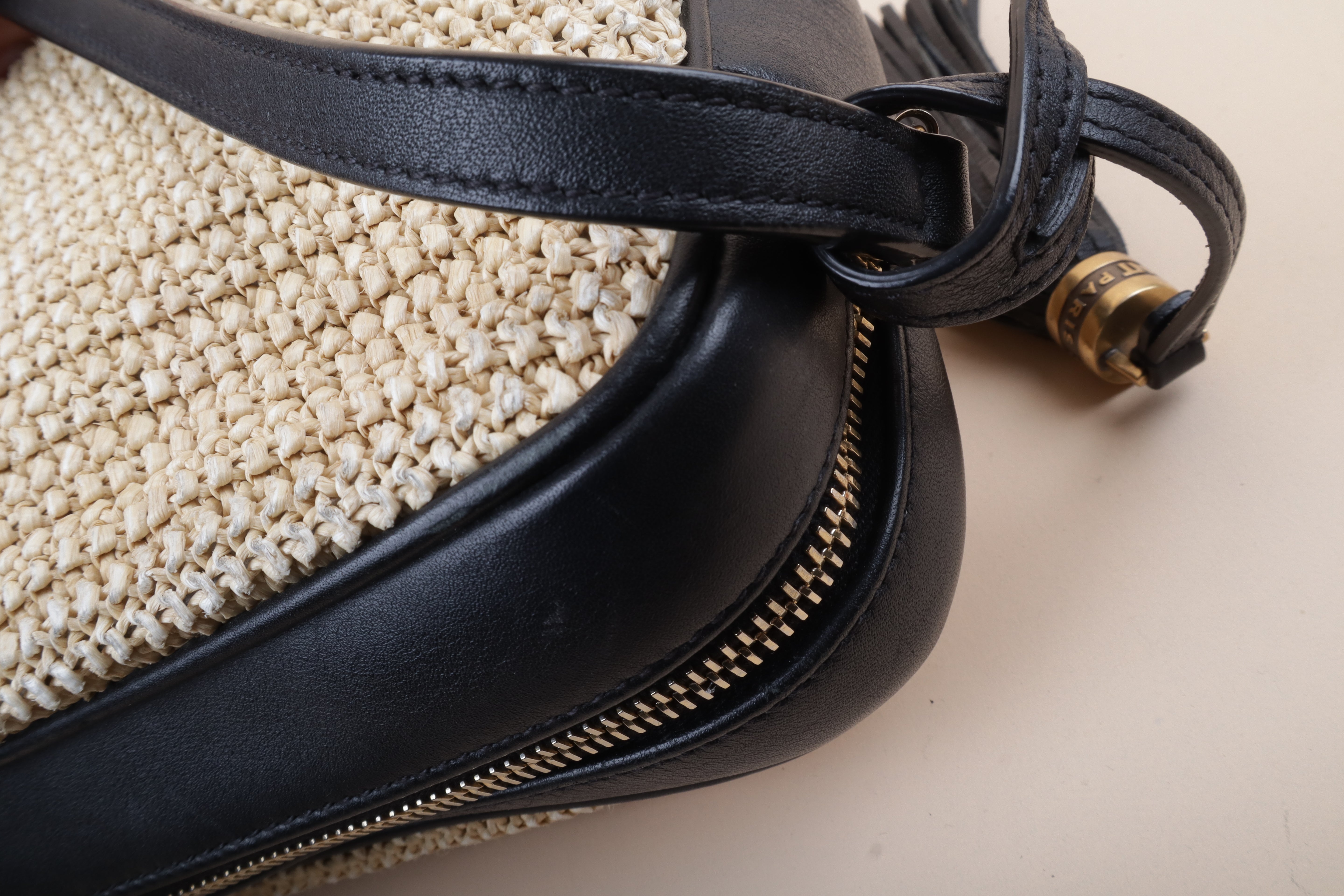 YSL Bicolor Raffia Lou Camera Bag with Charm
