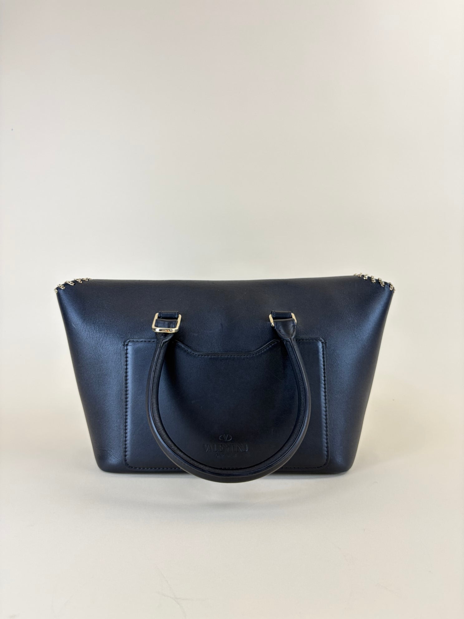 Valentin black calfskin small chain trimmed demi/une double