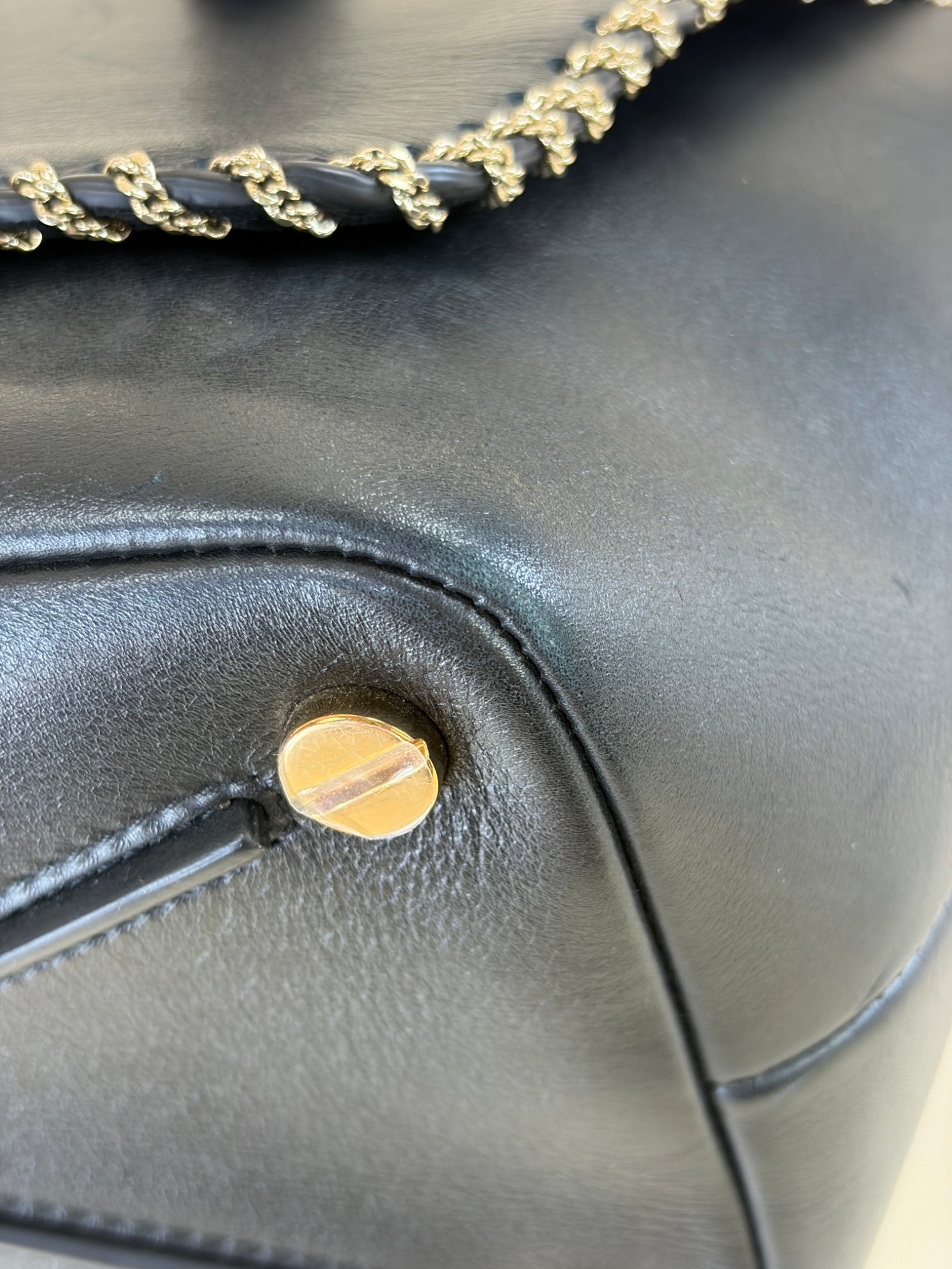 Valentin black calfskin small chain trimmed demi/une double