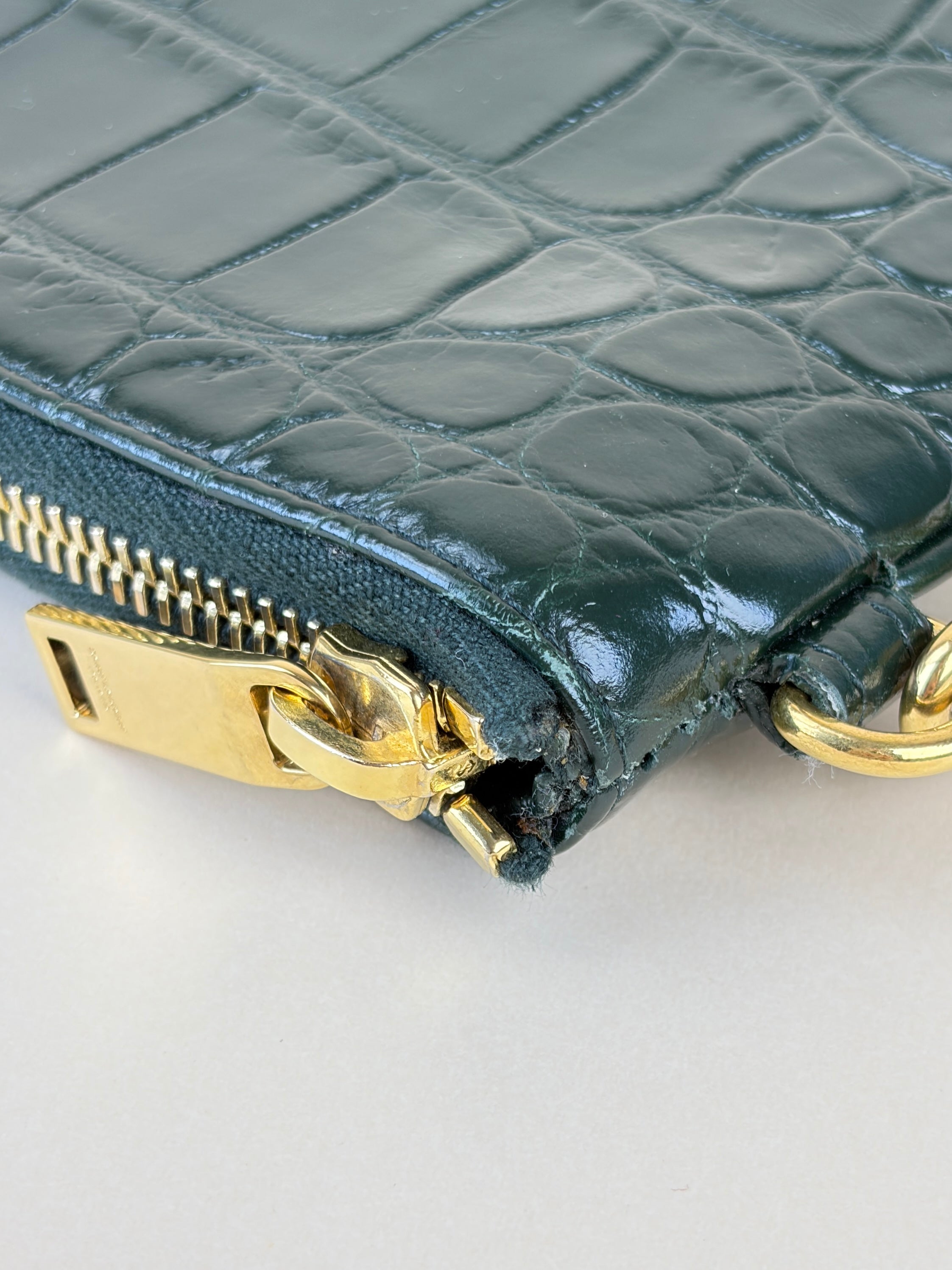 YSL Dark Green Calfskin Crocodile Embossed Tablet Pouch