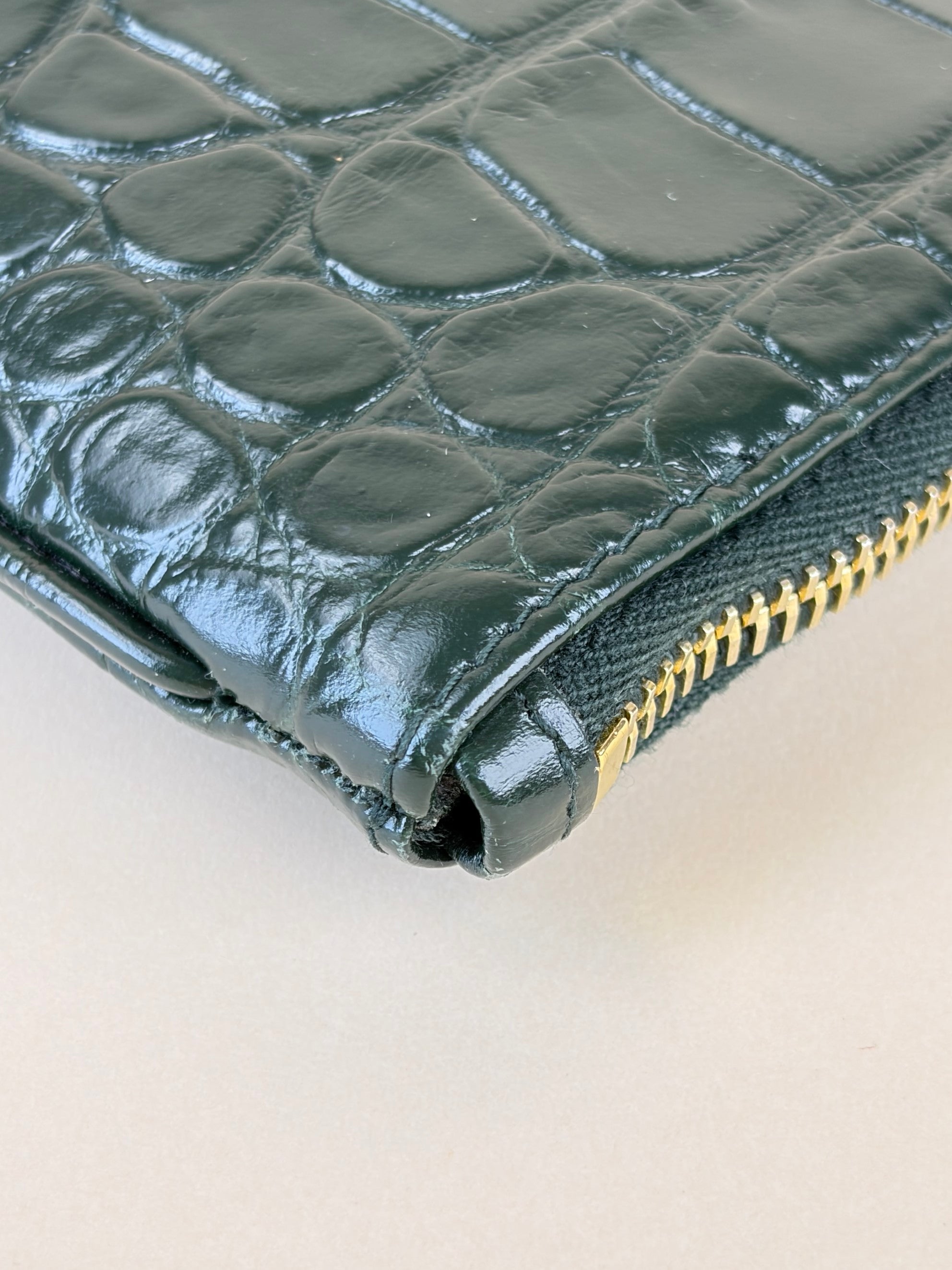 YSL Dark Green Calfskin Crocodile Embossed Tablet Pouch