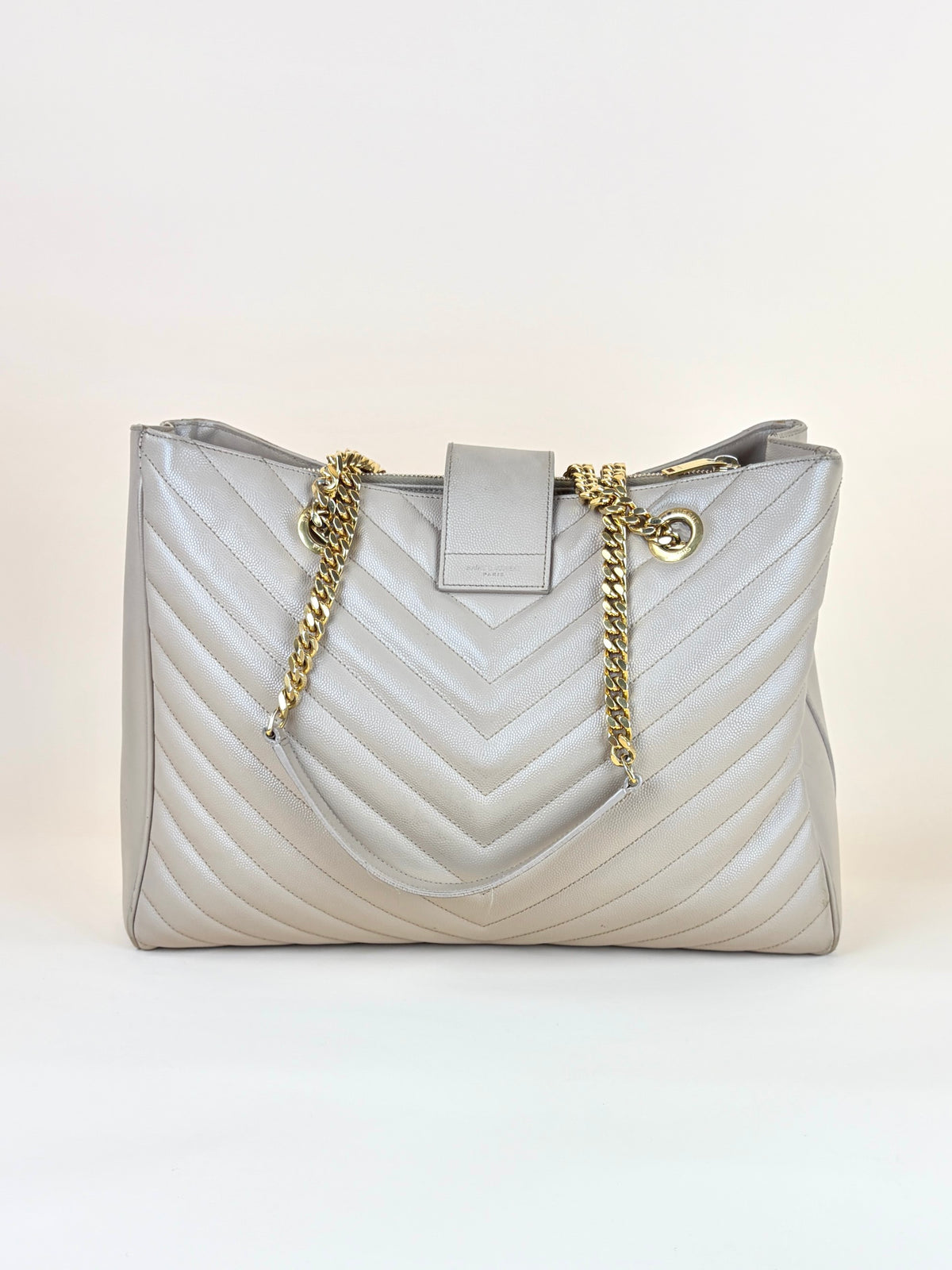 YSL dark beige grain de pouder leather monogram shopping bag