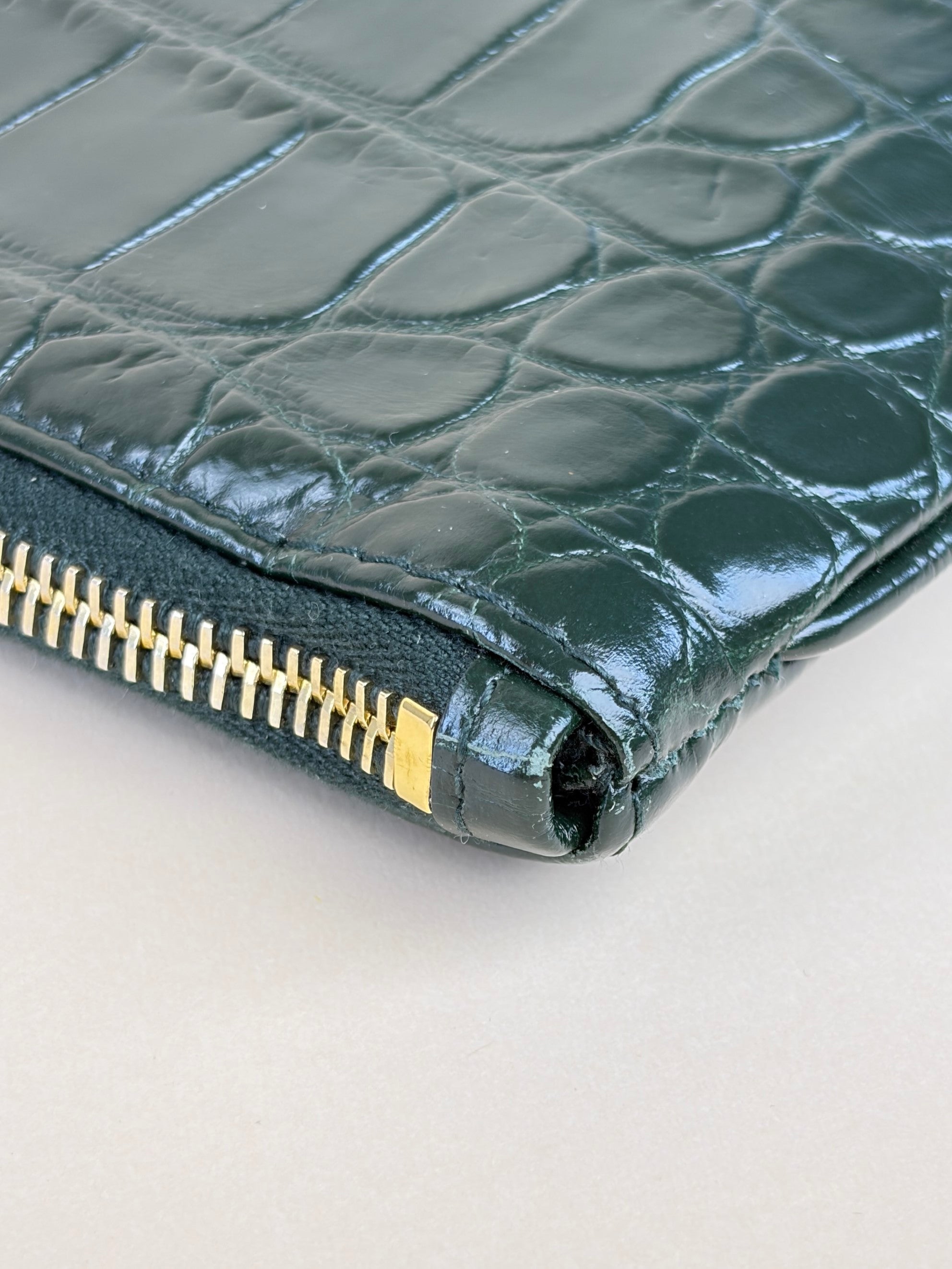 YSL Dark Green Calfskin Crocodile Embossed Tablet Pouch