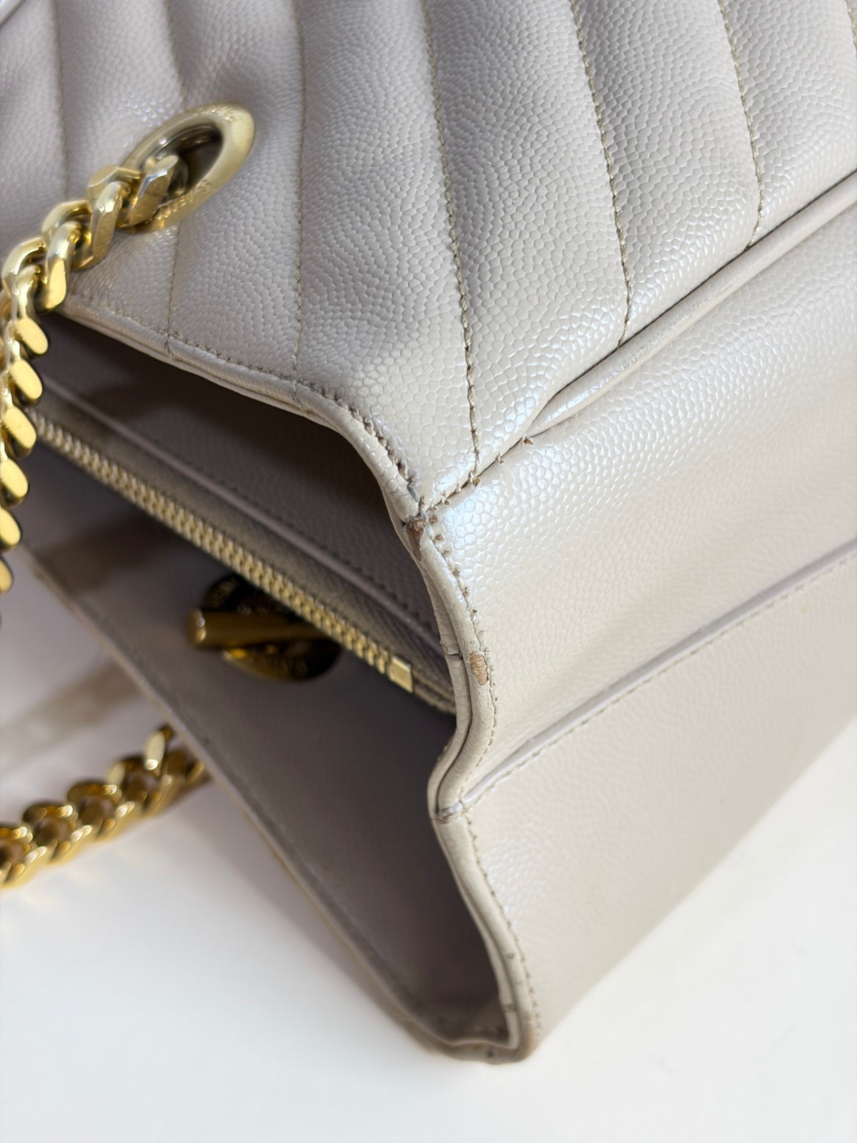 YSL dark beige grain de pouder leather monogram shopping bag