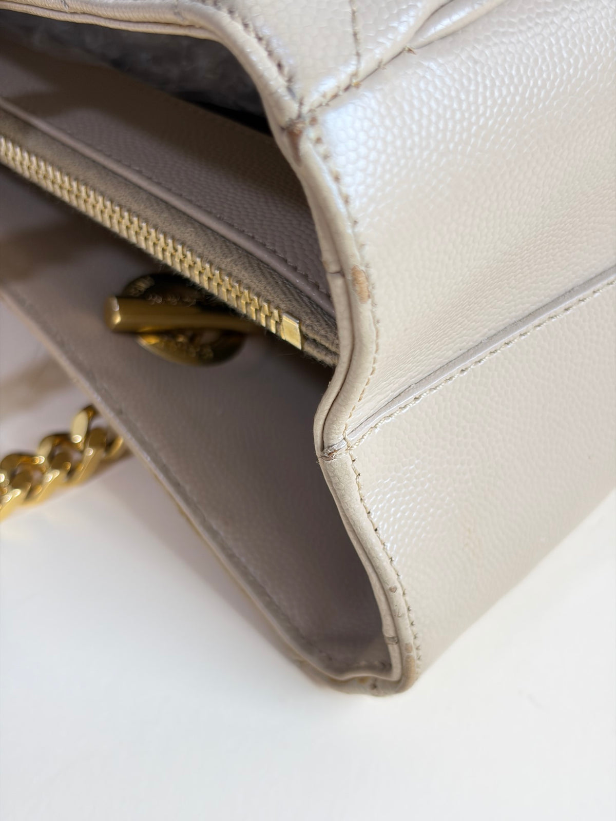YSL dark beige grain de pouder leather monogram shopping bag