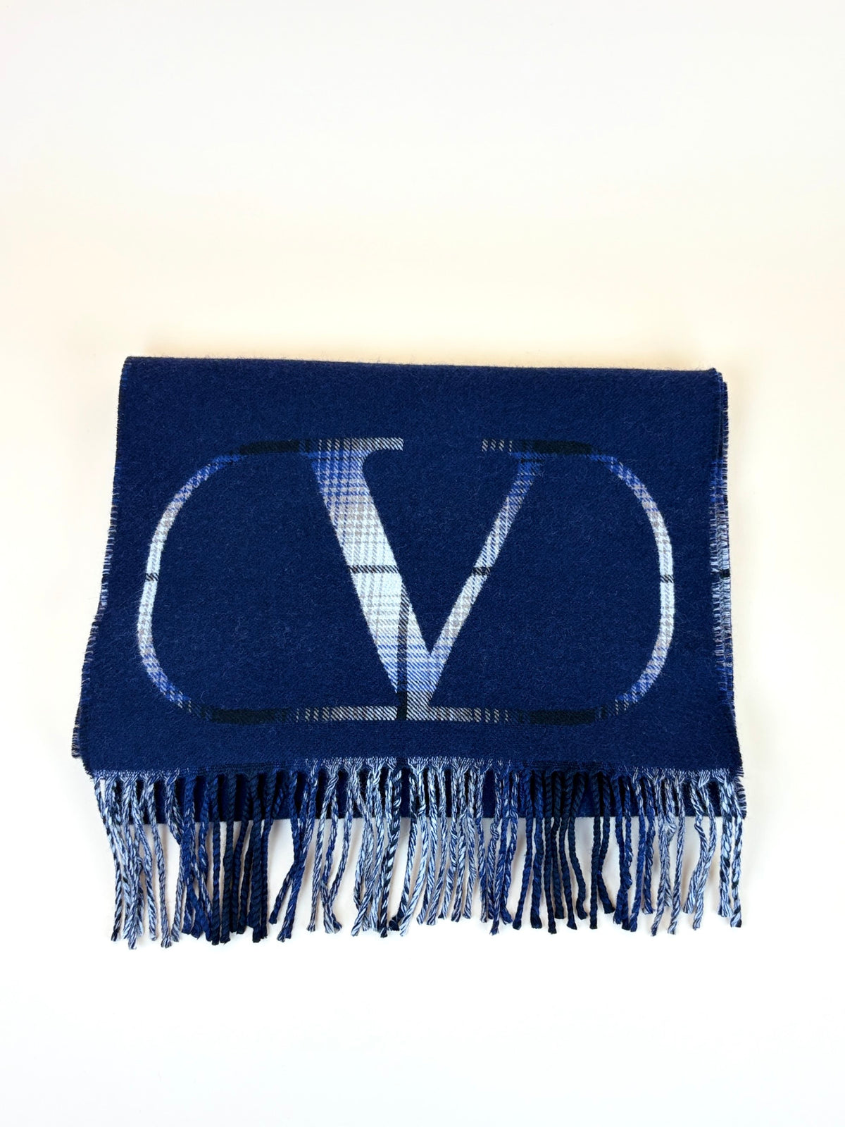 Valentino navy and checked V logo signature fringed sdges wool cashmere scarf