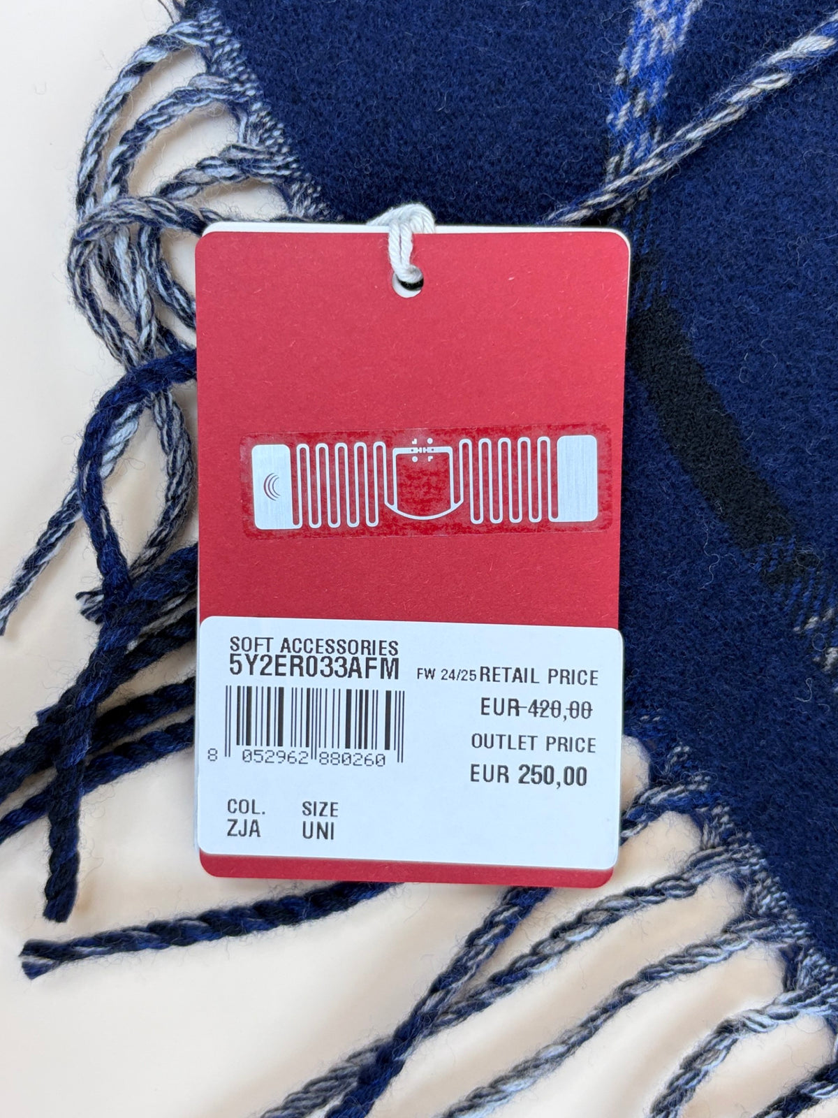 Valentino navy and checked V logo signature fringed sdges wool cashmere scarf