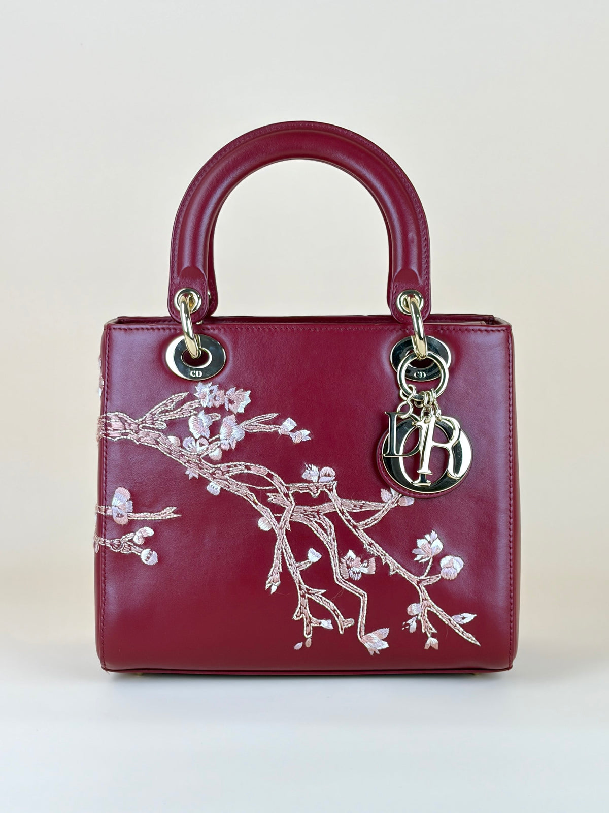 Christian Dior Burgandy calfskin cherry blossom Lady Dior Medium Bag