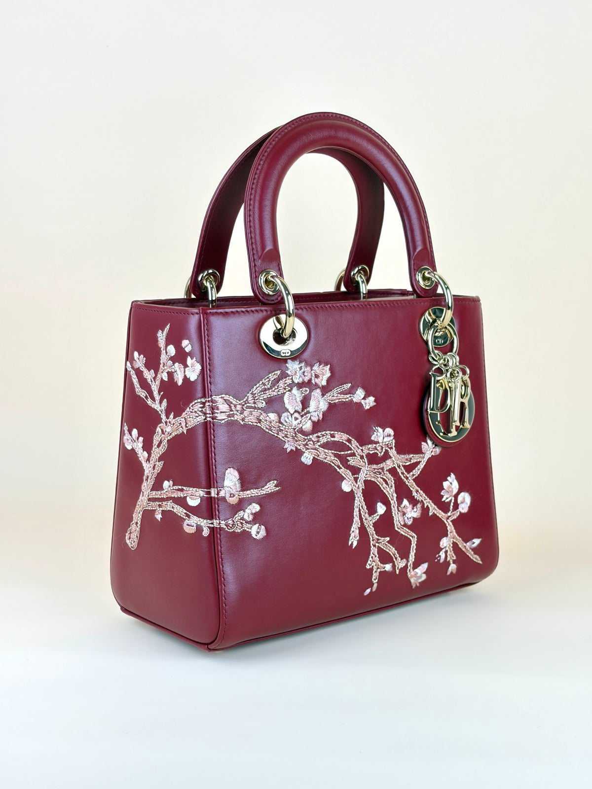 Christian Dior Burgandy calfskin cherry blossom Lady Dior Medium Bag