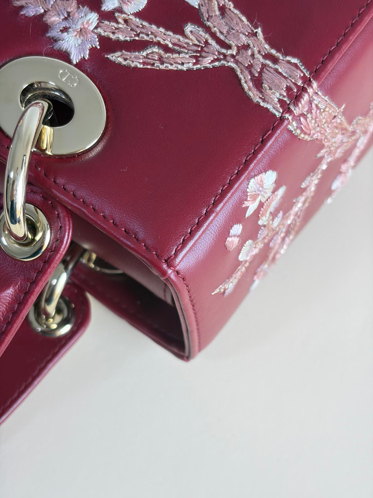Christian Dior Burgandy calfskin cherry blossom Lady Dior Medium Bag