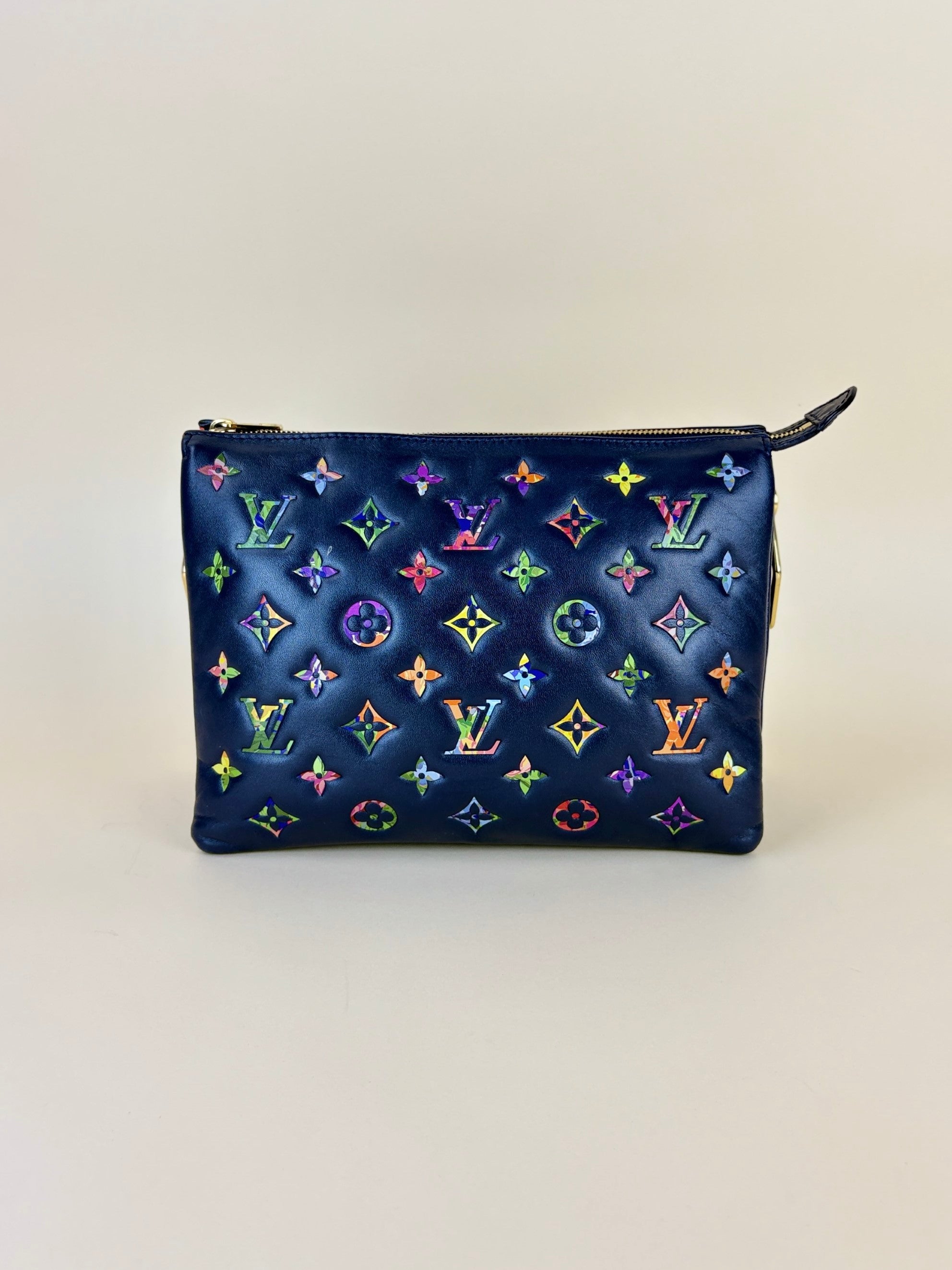 louis Vuitton navy blue lambskin embossed monogram lv garden coissin pm