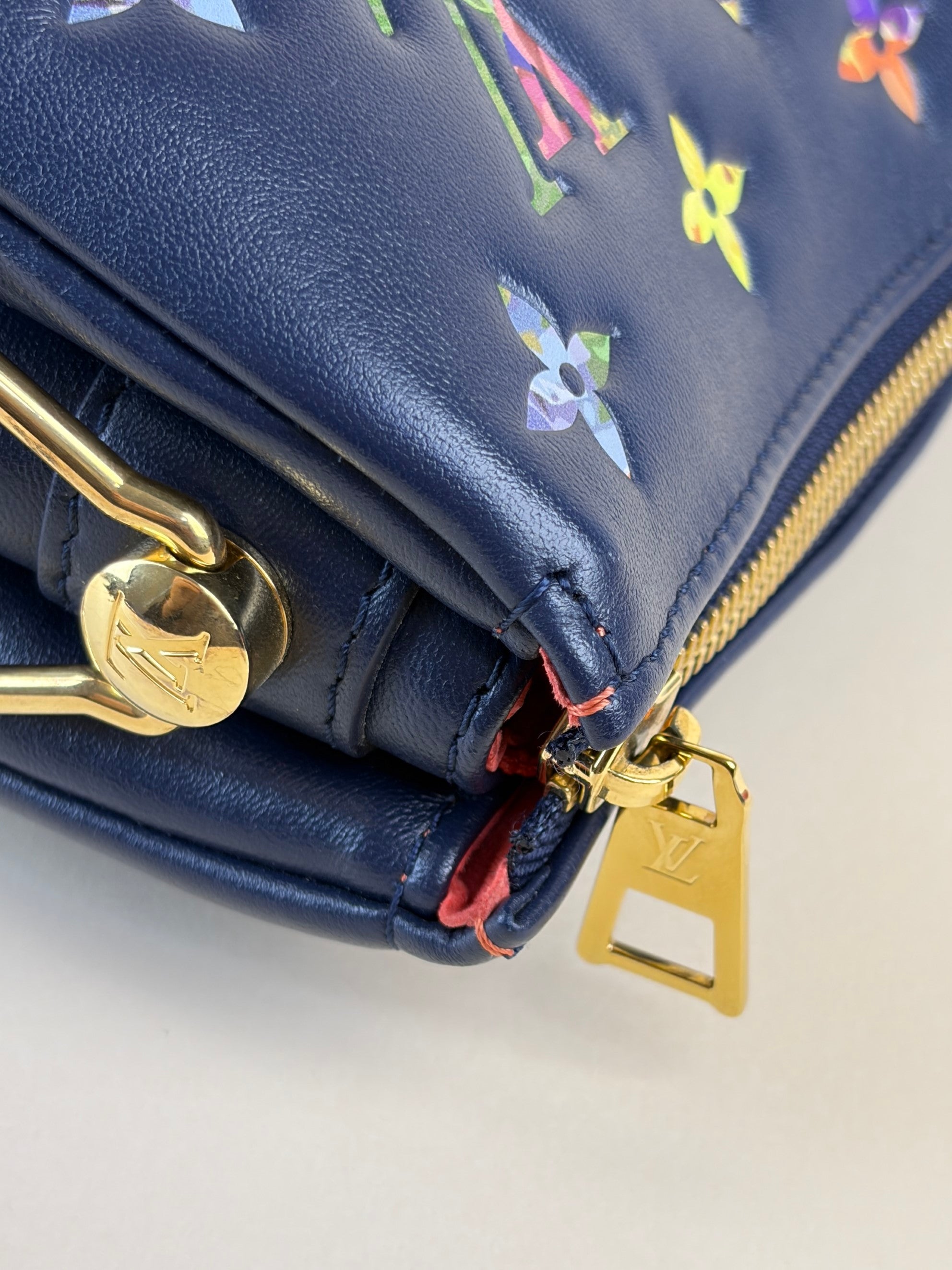 louis Vuitton navy blue lambskin embossed monogram lv garden coissin pm