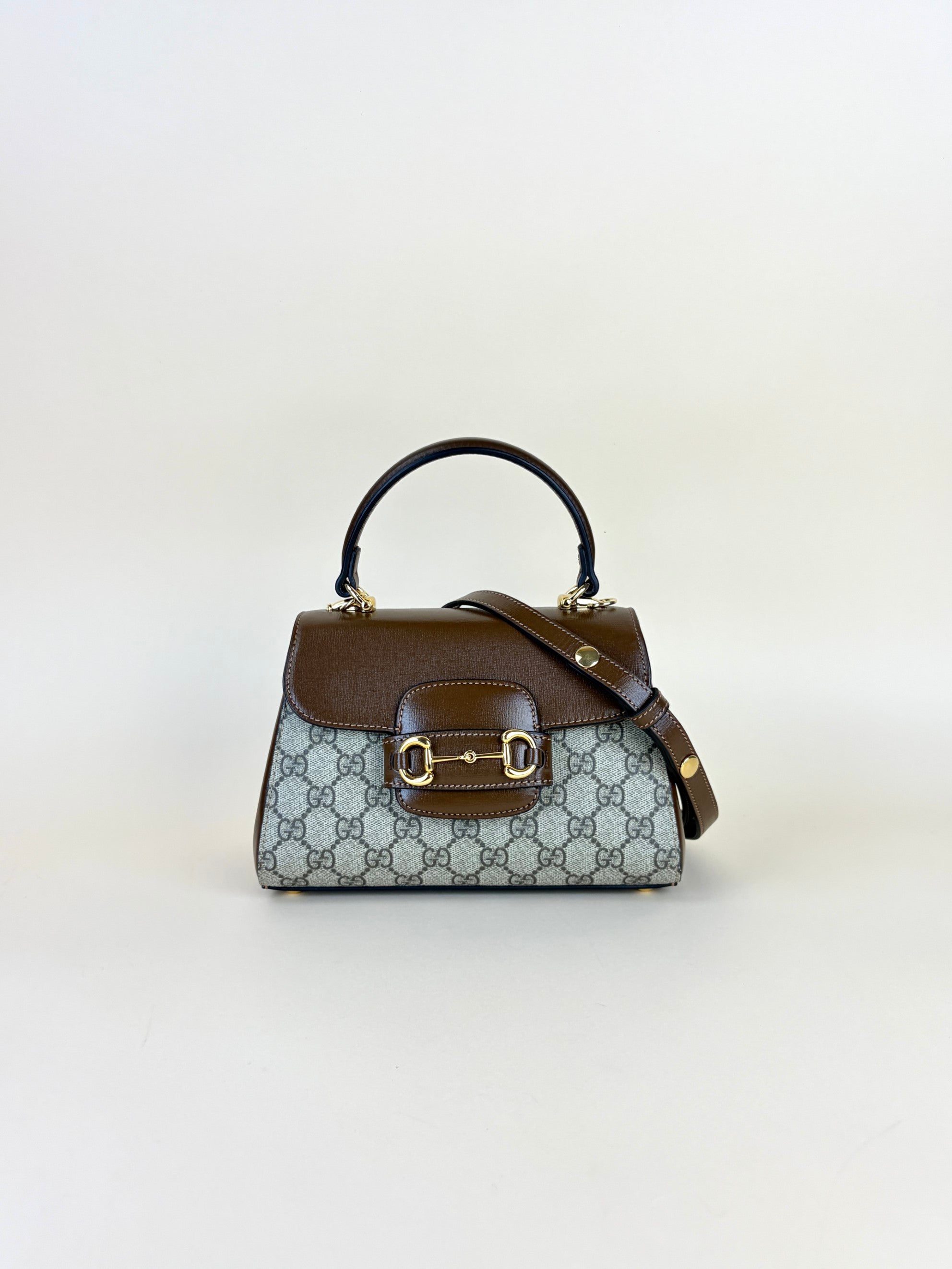 Gucci horse bit 1955 mini brown leather gg supreme canvas tote bag