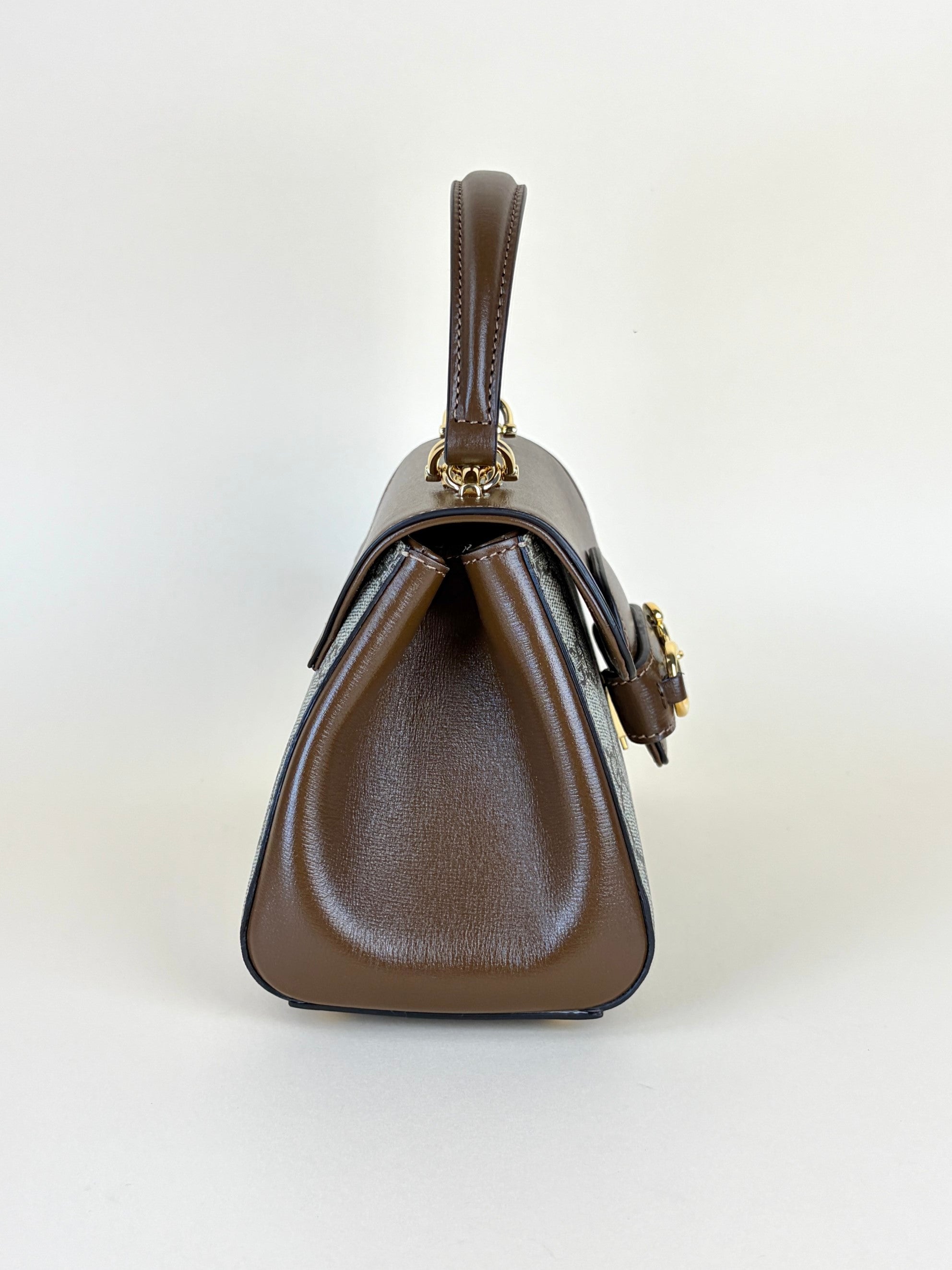 Gucci horse bit 1955 mini brown leather gg supreme canvas tote bag