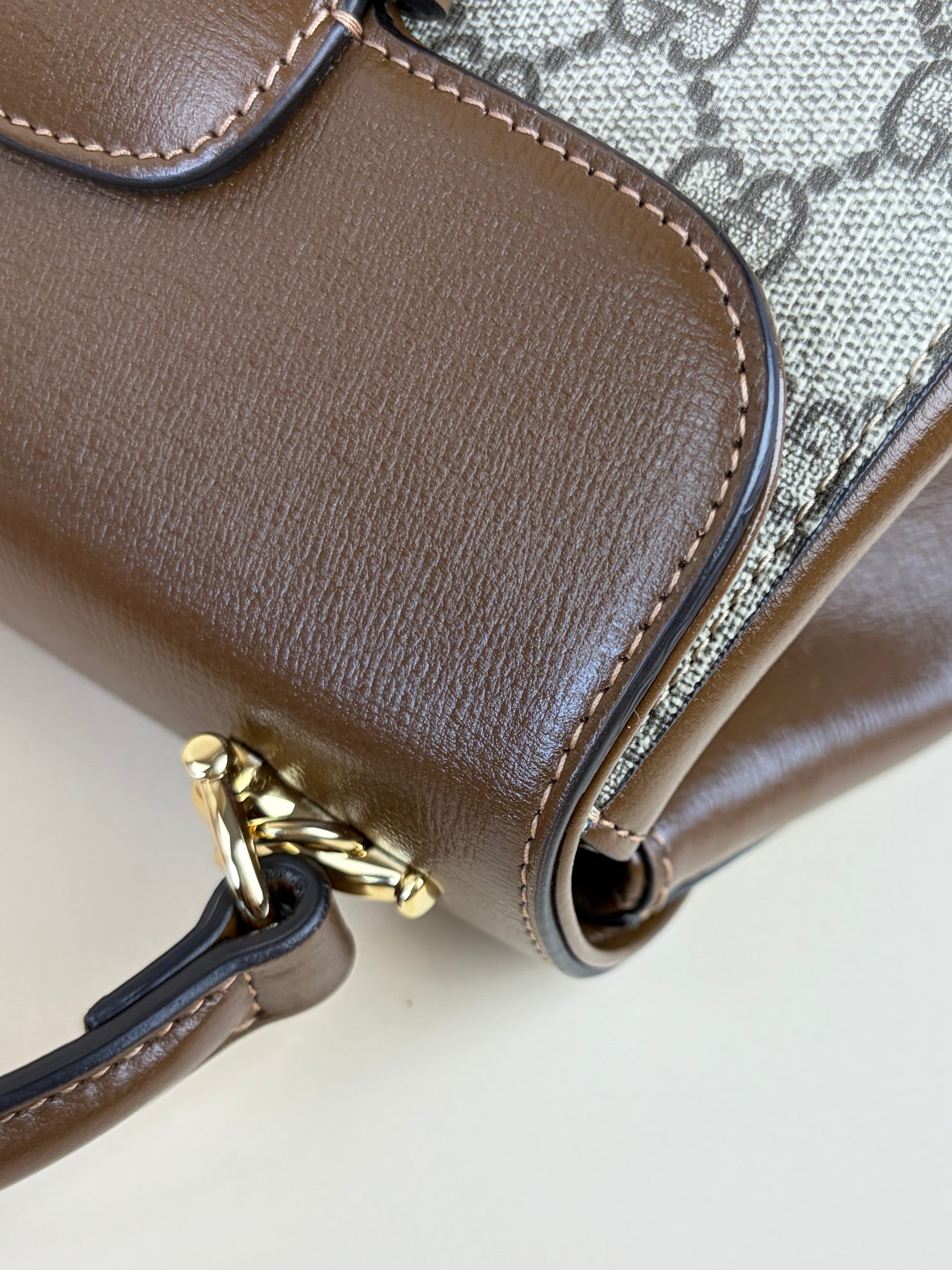 Gucci horse bit 1955 mini brown leather gg supreme canvas tote bag