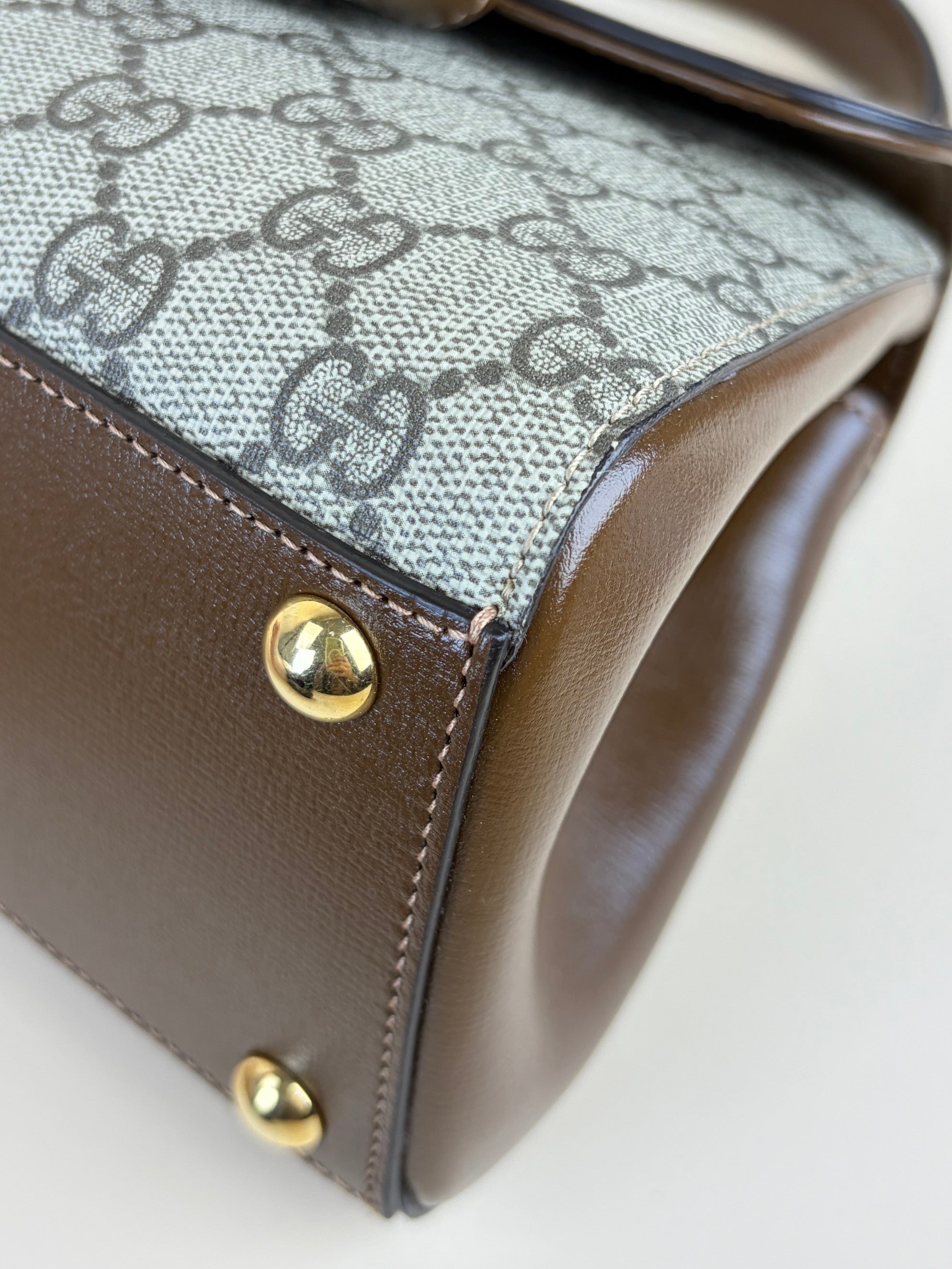 Gucci horse bit 1955 mini brown leather gg supreme canvas tote bag