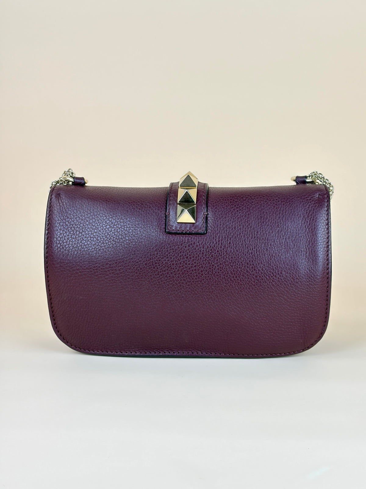 Valentino Burgandy pebbled calfskin glam lock Rockstud medium flap bag
