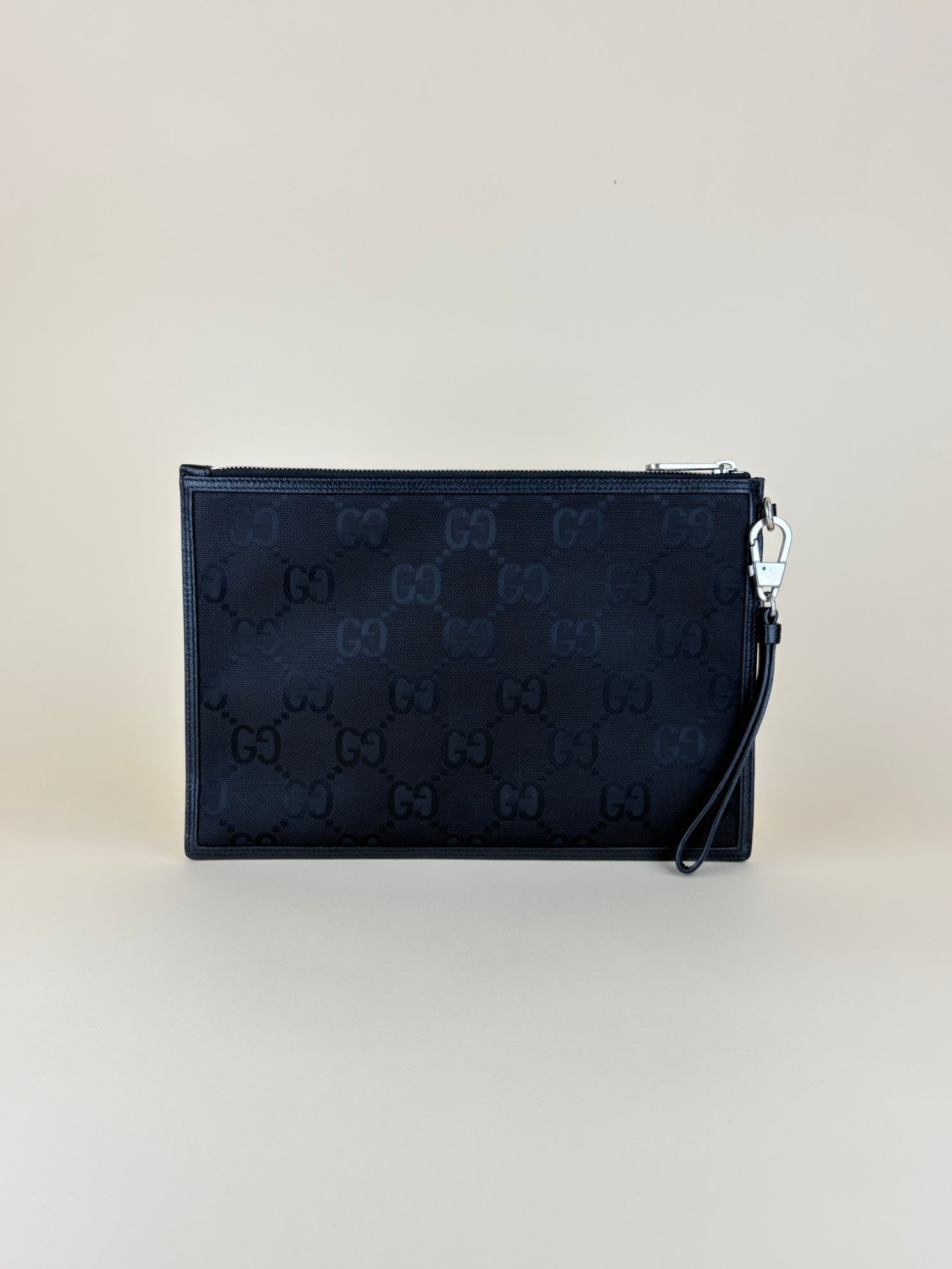 gucci black -off the grid leather- trimmed monogramed econyl canvas pouch