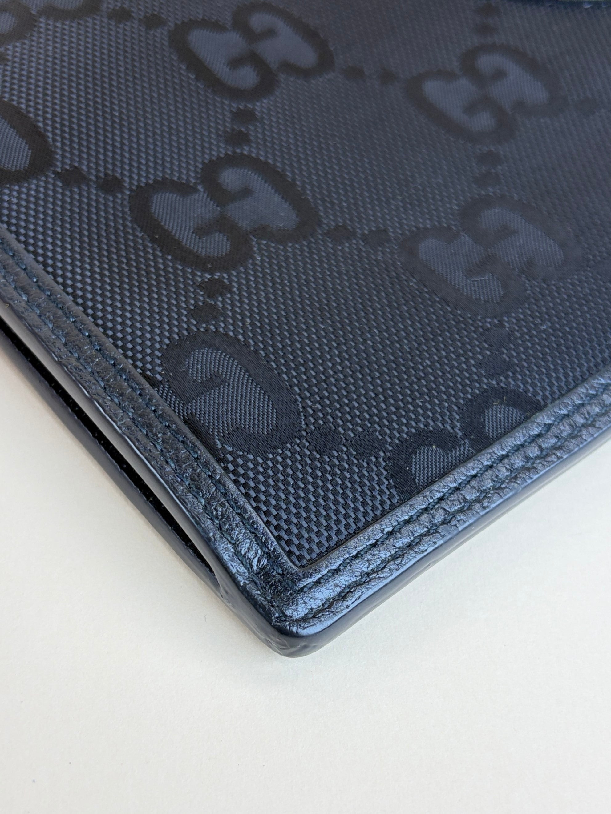 gucci black -off the grid leather- trimmed monogramed econyl canvas pouch
