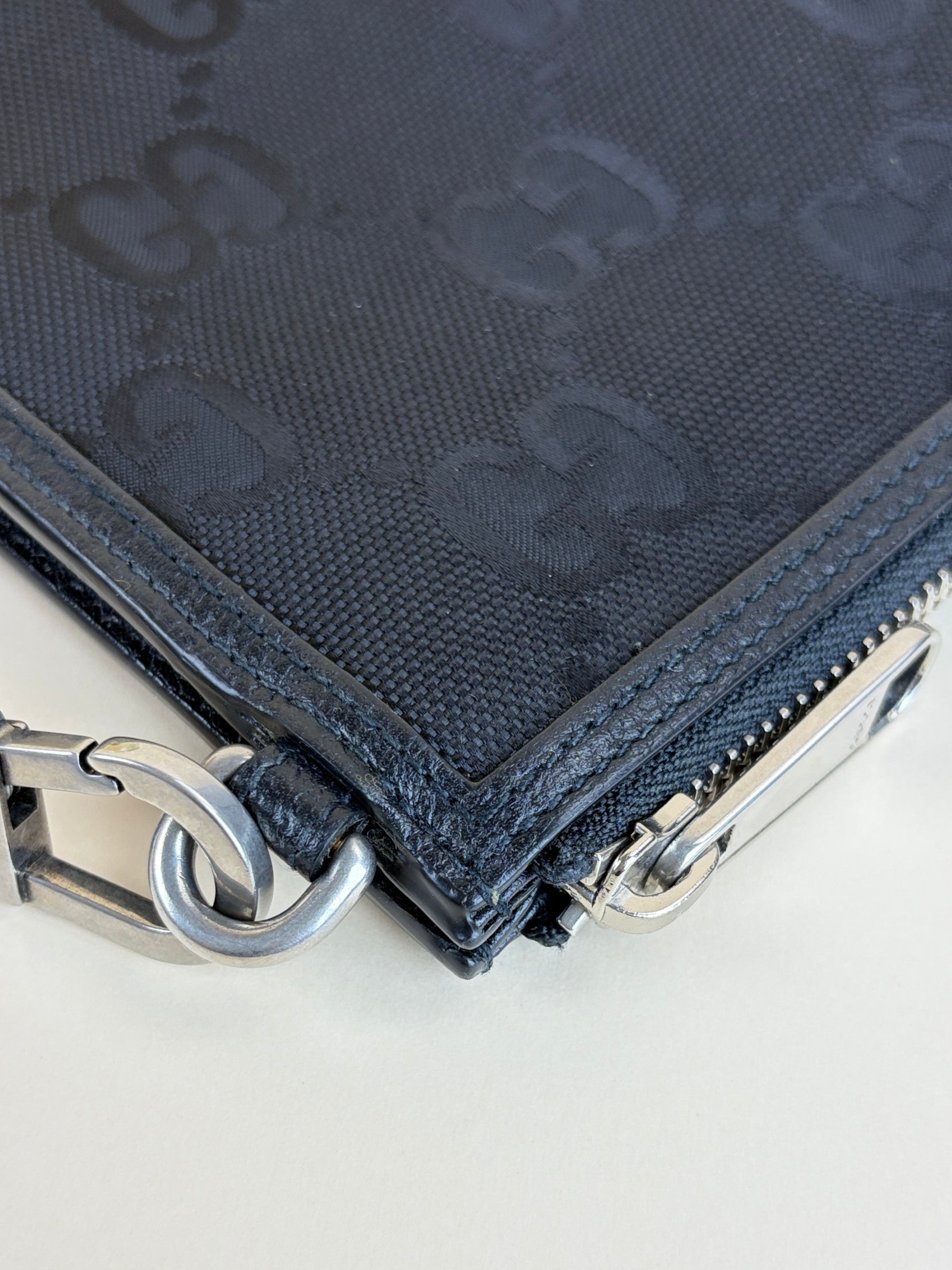 gucci black -off the grid leather- trimmed monogramed econyl canvas pouch