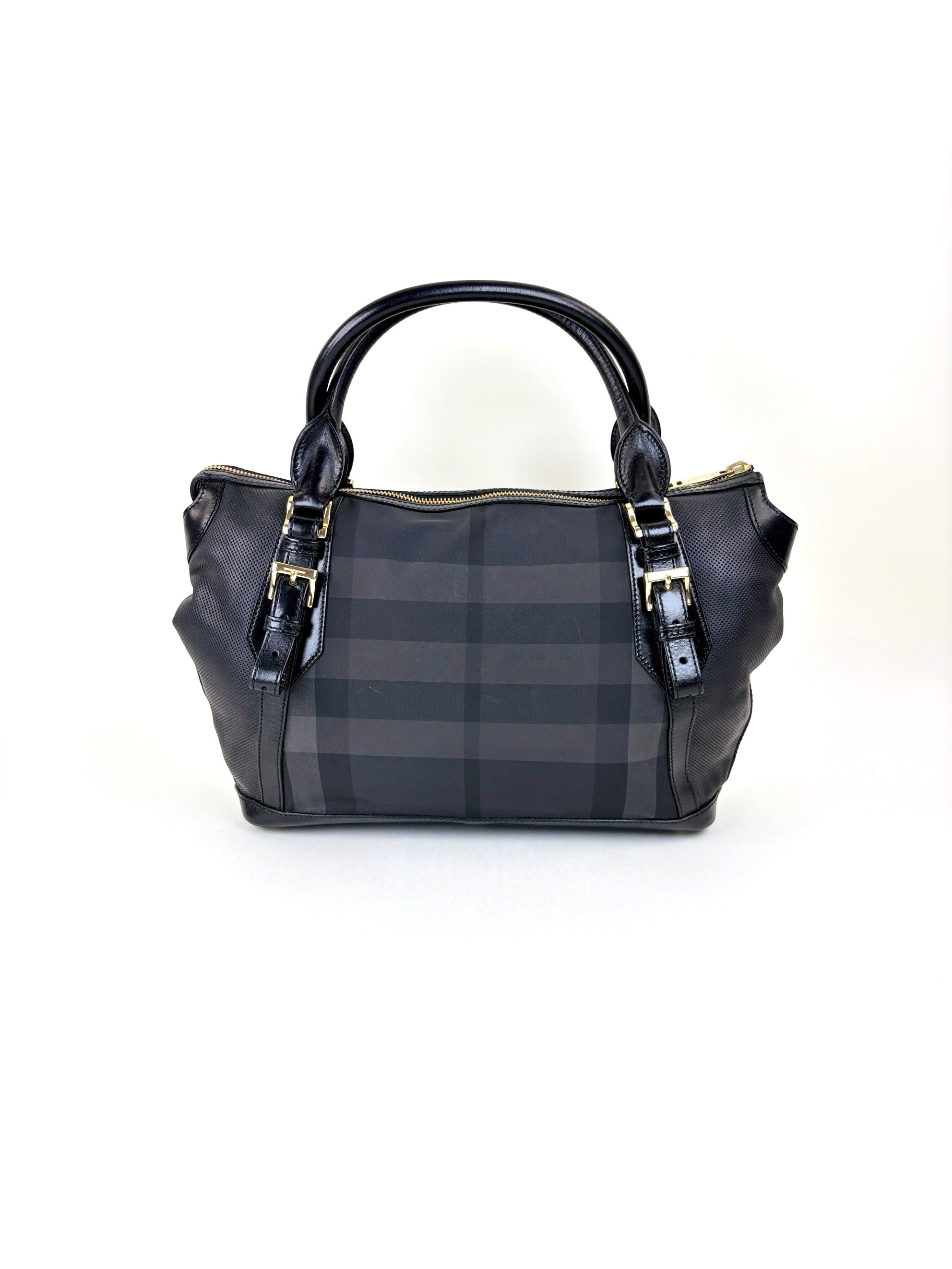 Burberry black perforated city leather dark charcoal check medium Ellers bag