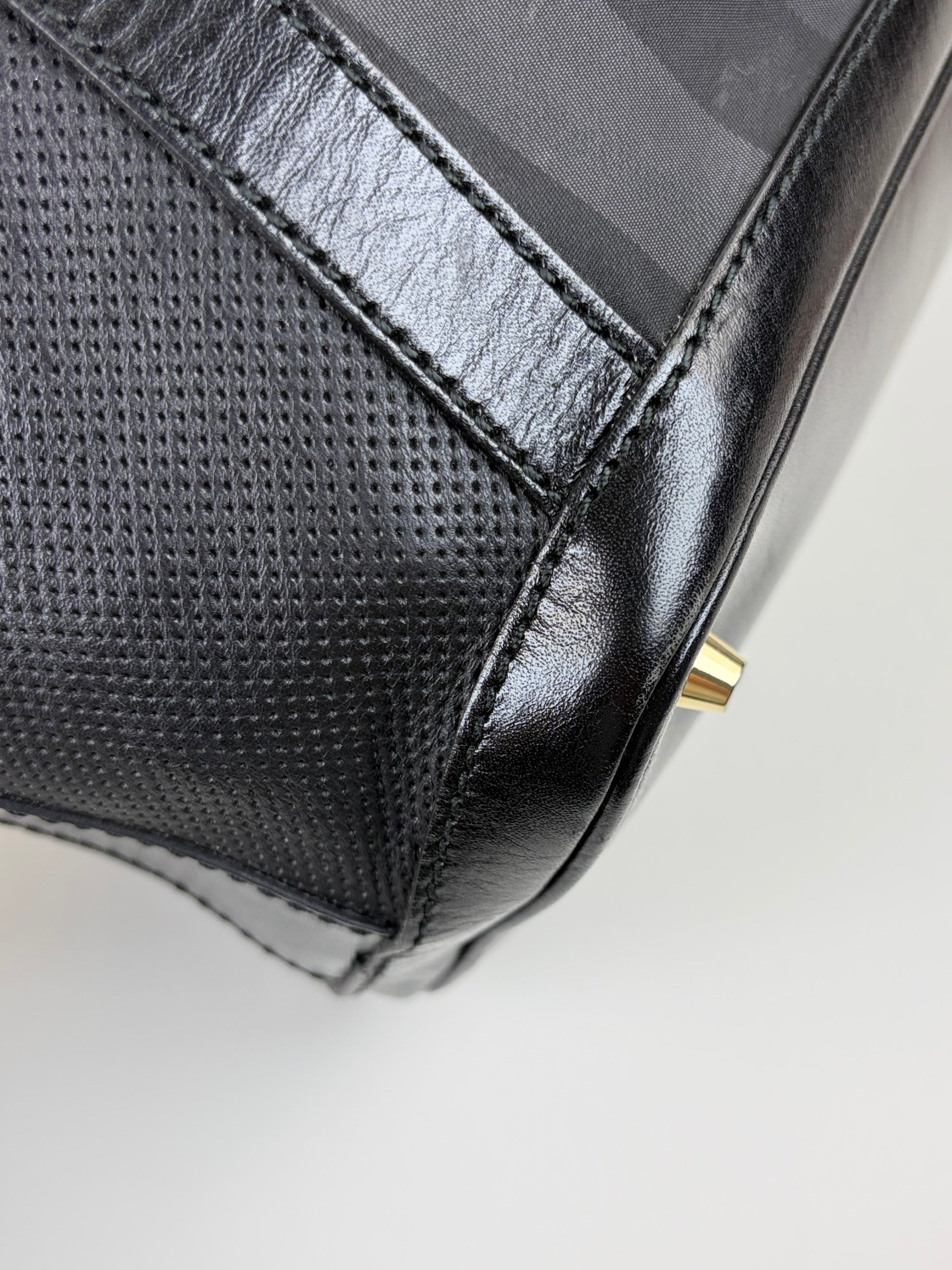 Burberry black perforated city leather dark charcoal check medium Ellers bag