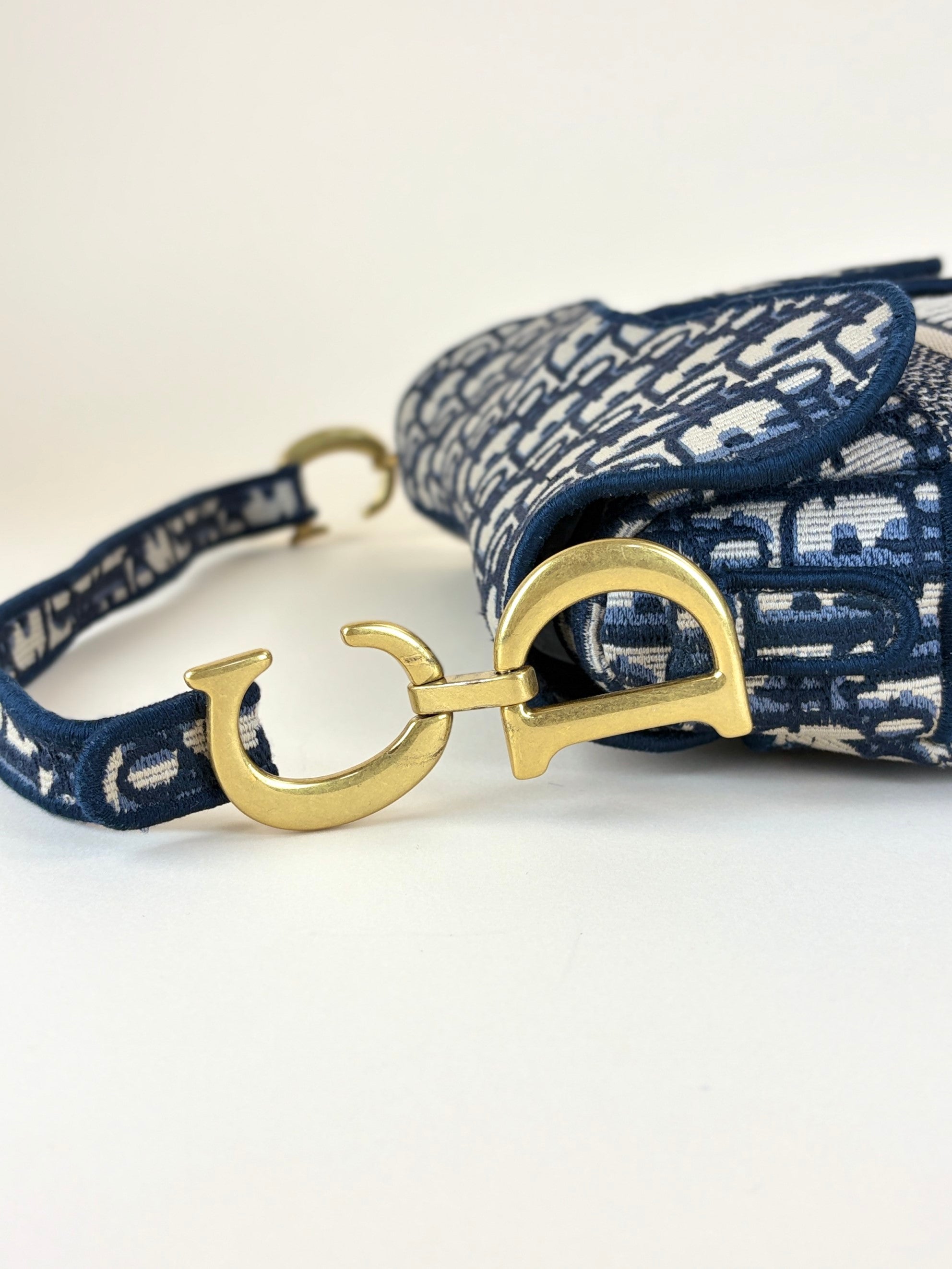 Christian Dior Blue Oblique Embroidered Saddle Bag