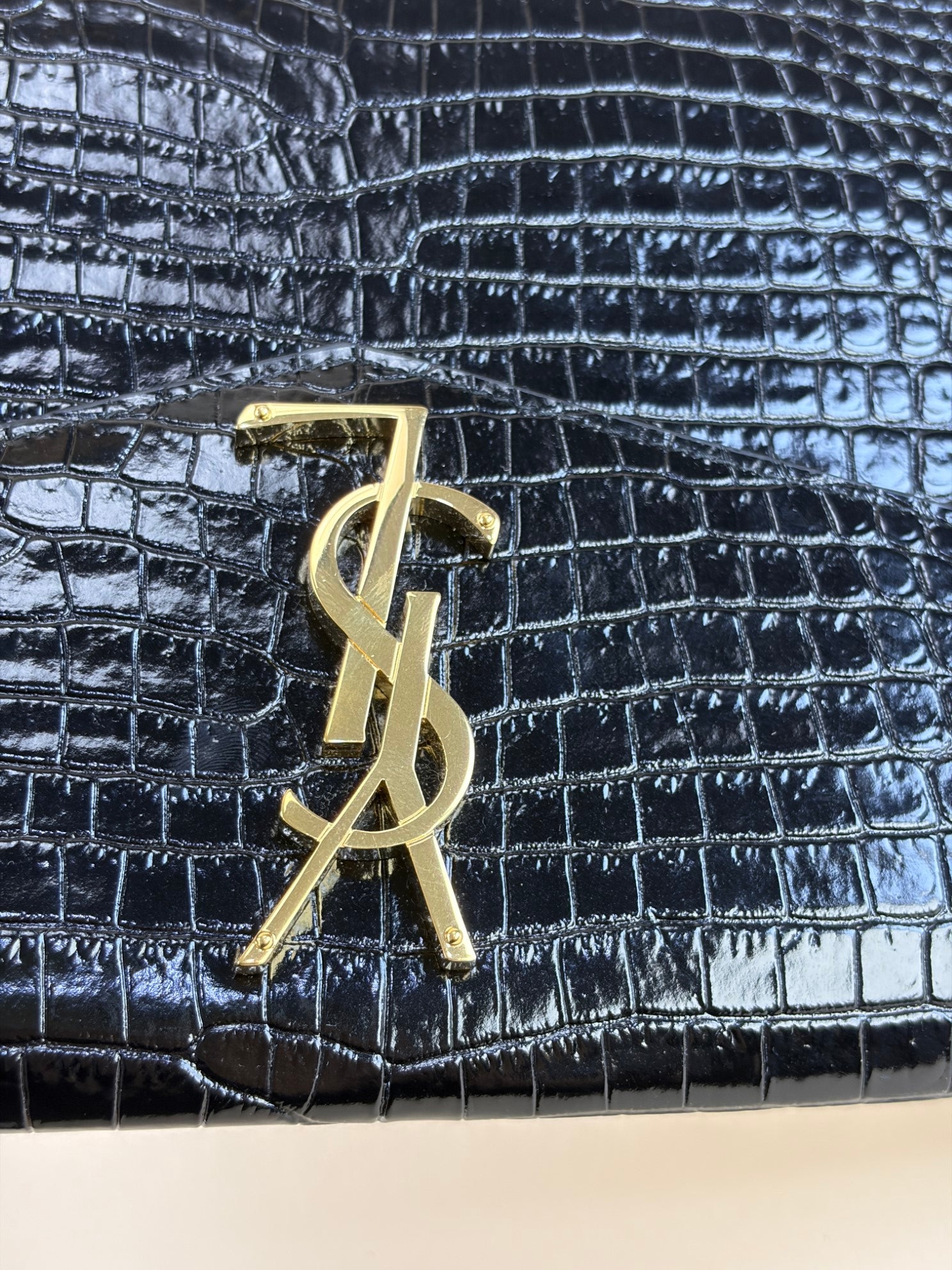 YSL Black Crocodile Embossed Shiny Uptown Pouch