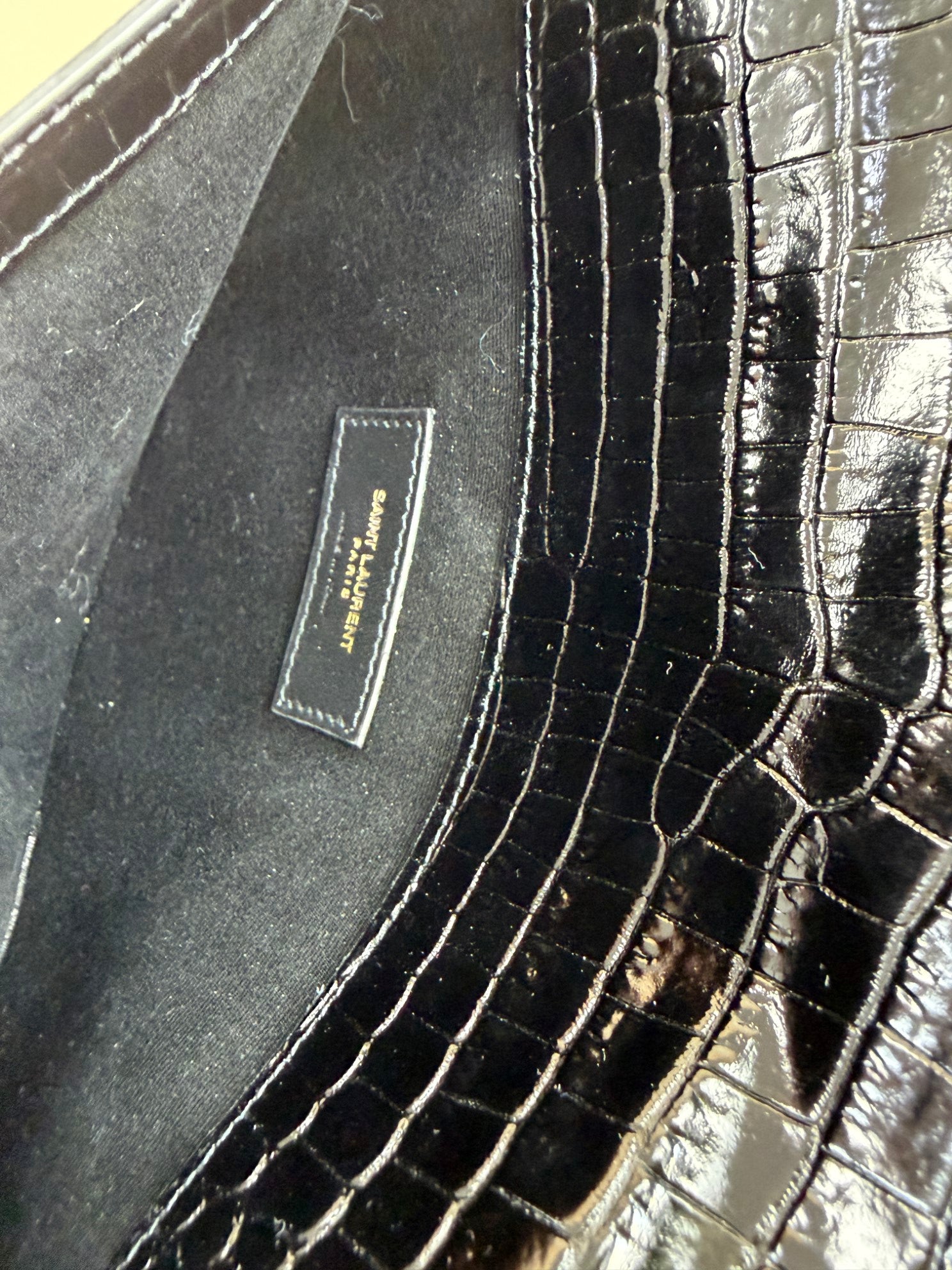 YSL Black Crocodile Embossed Shiny Uptown Pouch