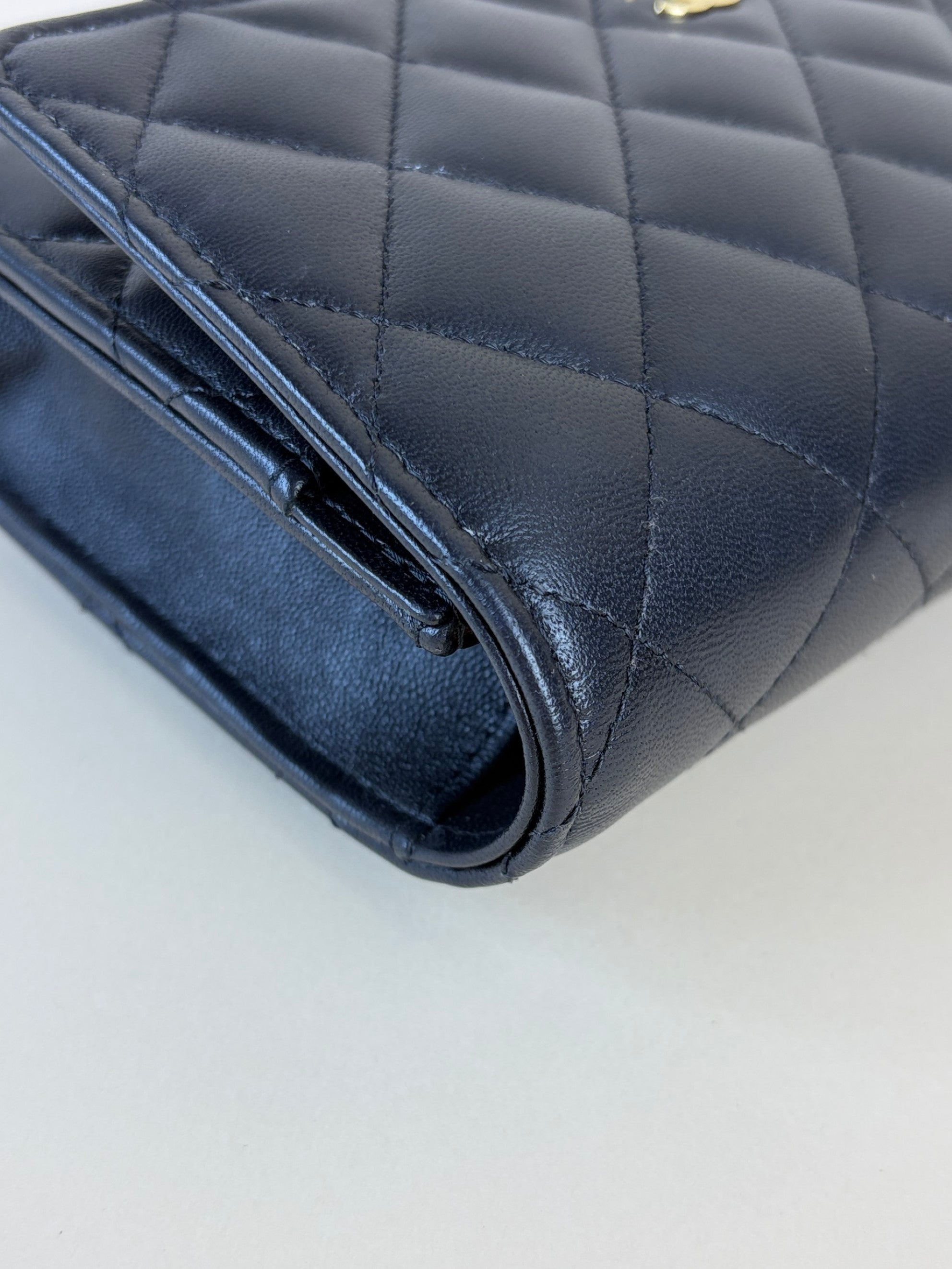 Chanel black lambskin quilted wallet on chain