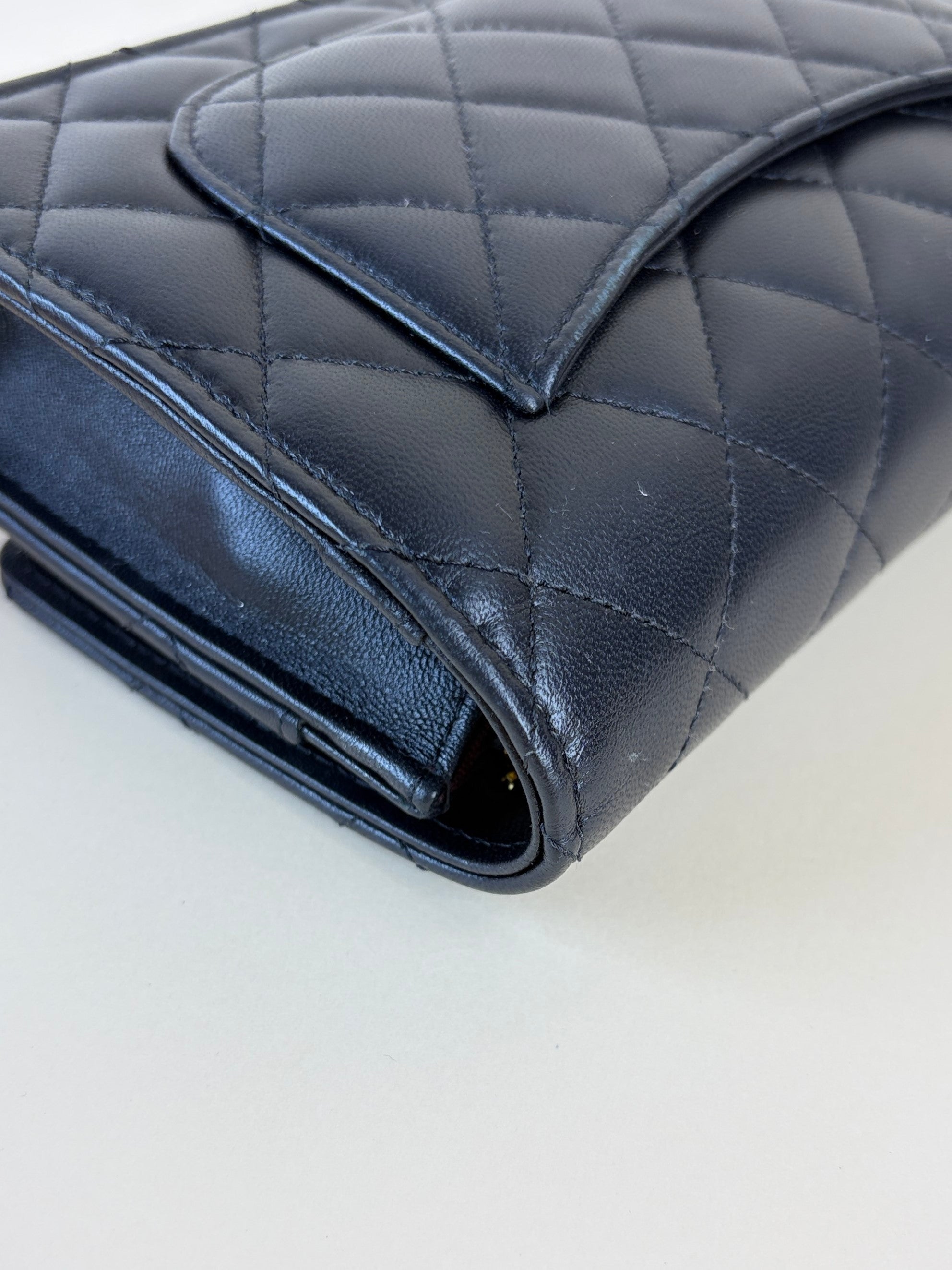Chanel black lambskin quilted wallet on chain