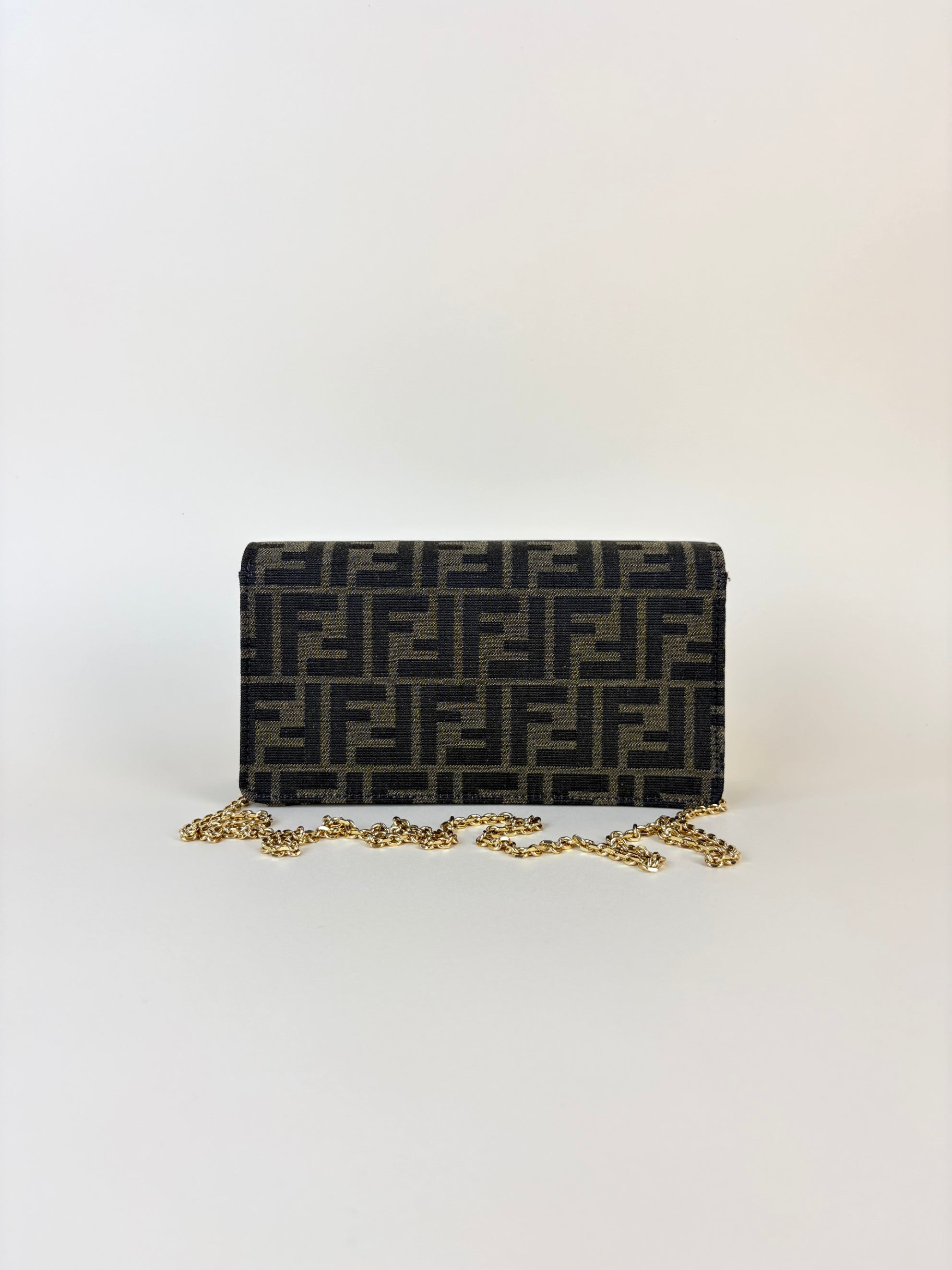 Fendi brown ff fabric wallet on chain baguette