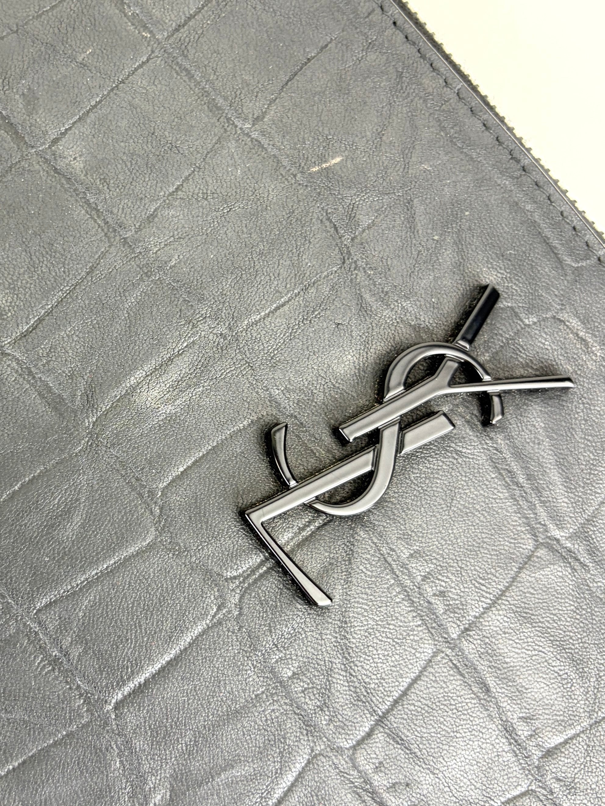 YSL black crocodile embossed monogram document pouch