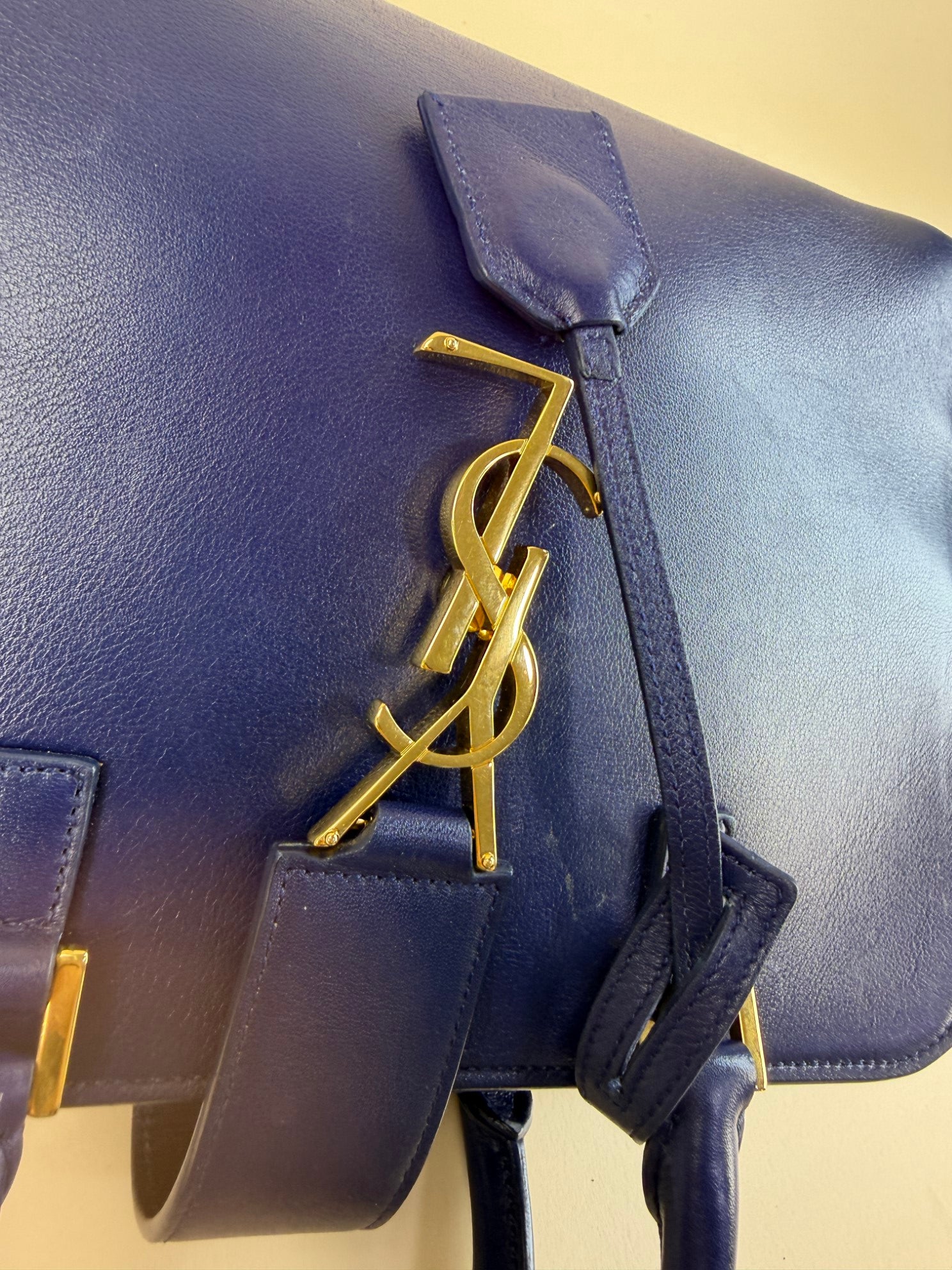 YSL blue calfskin Monogram Baby Cabas Bag