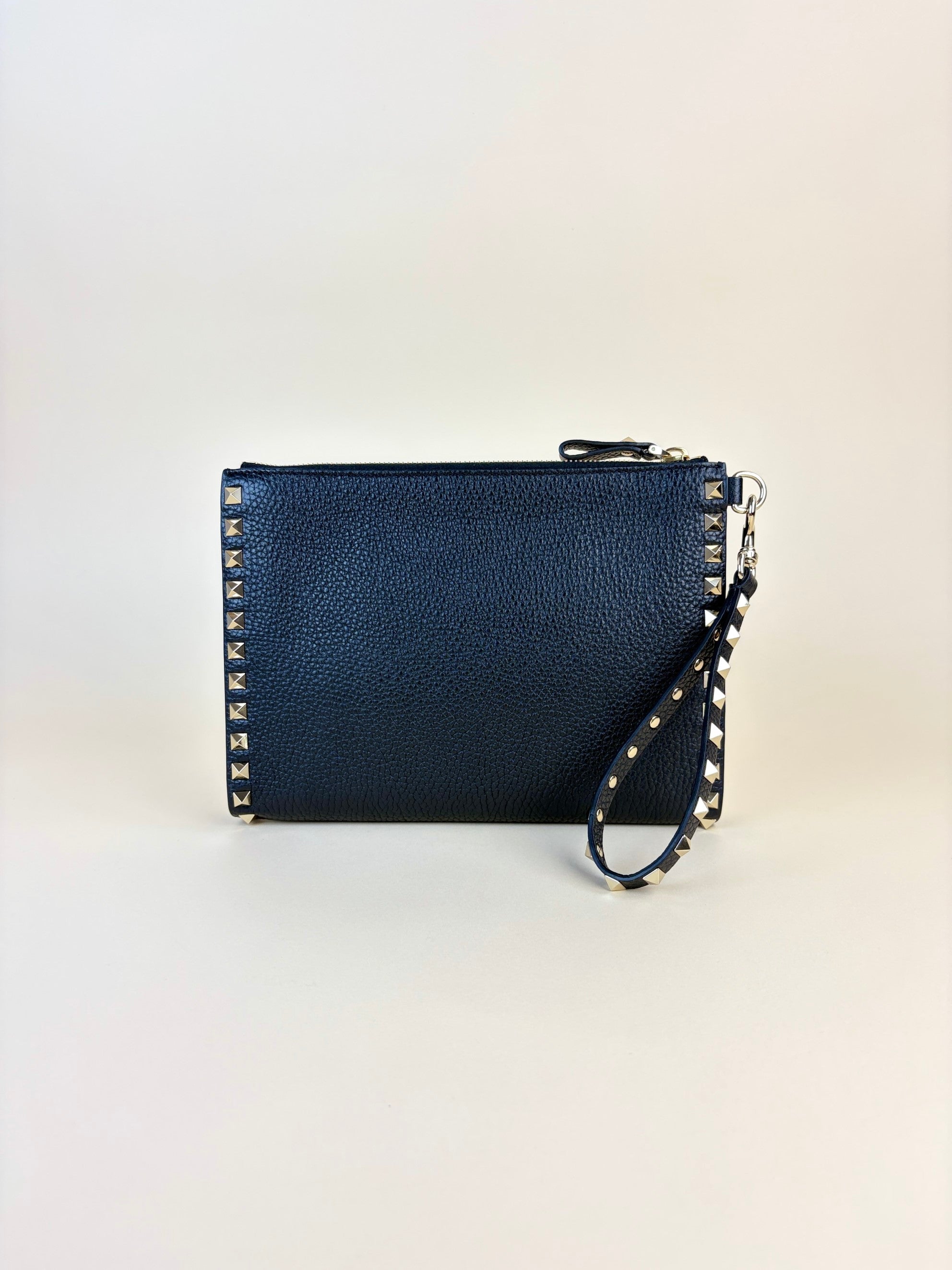 Valentino euro Black pebbled Rock stud Zipped Clutch