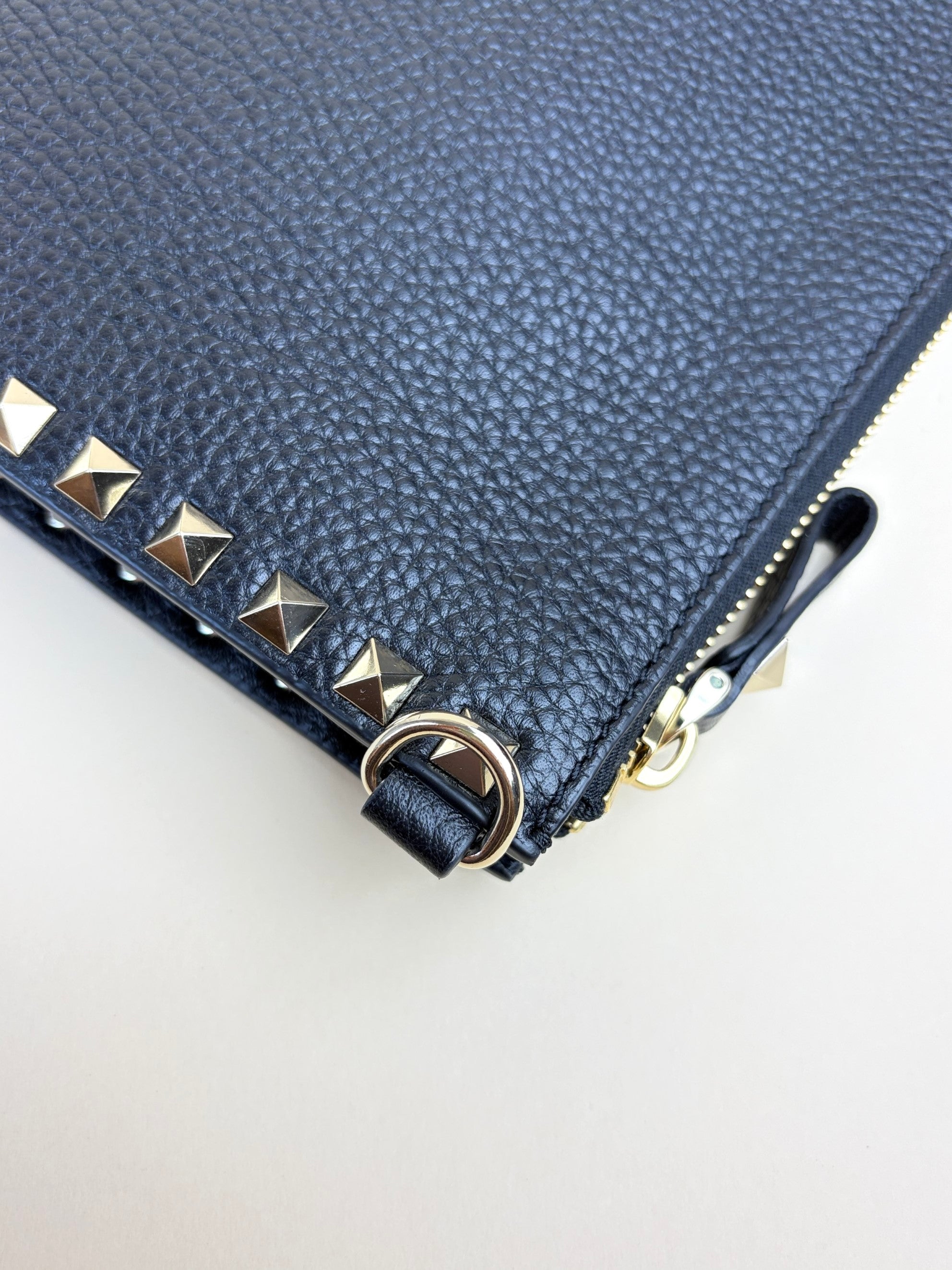 Valentino euro Black pebbled Rock stud Zipped Clutch