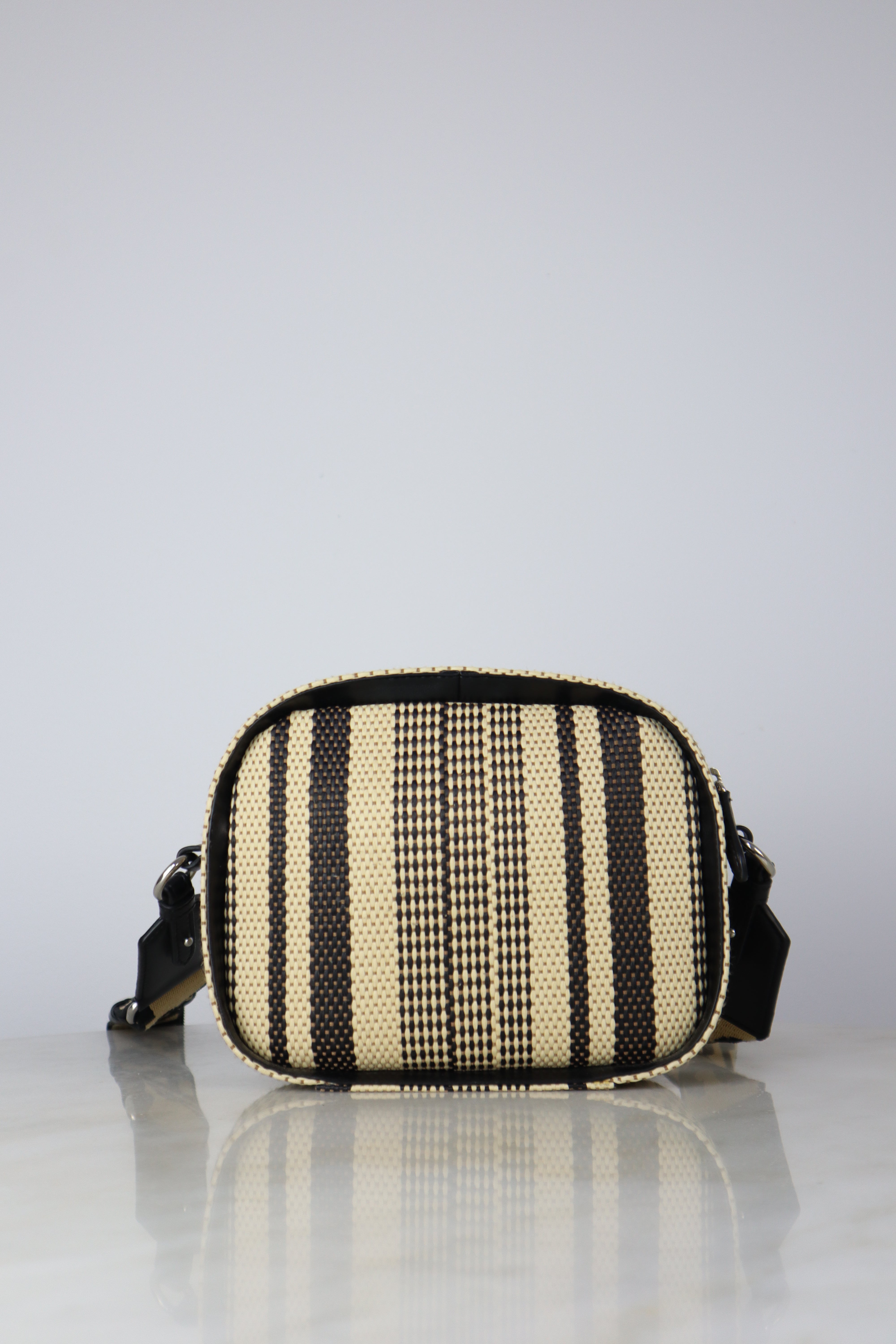 Stella Mccartney Bicolor Eco Small Raffia Striped Logo Camera Crossbody Bag