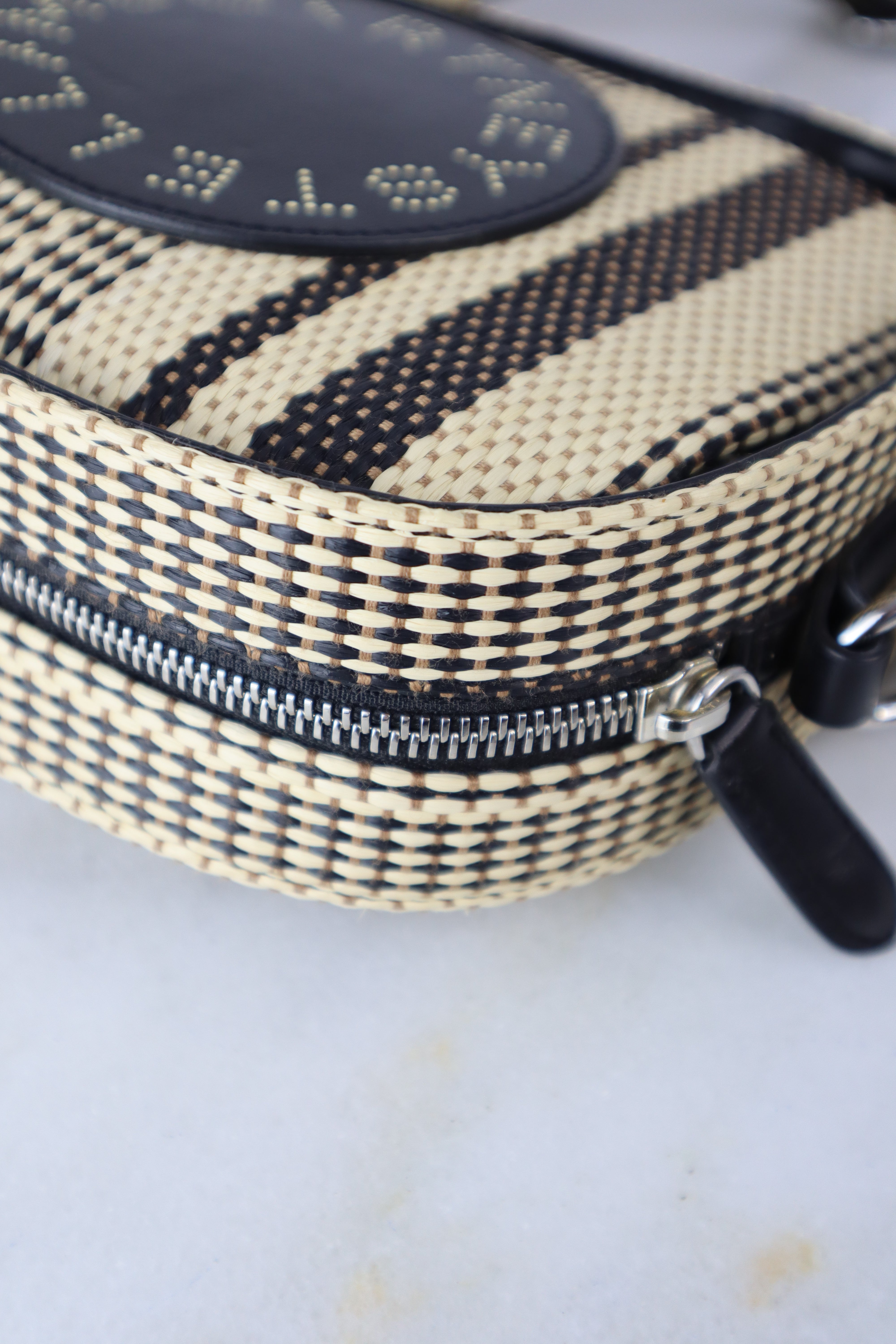 Stella Mccartney Bicolor Eco Small Raffia Striped Logo Camera Crossbody Bag