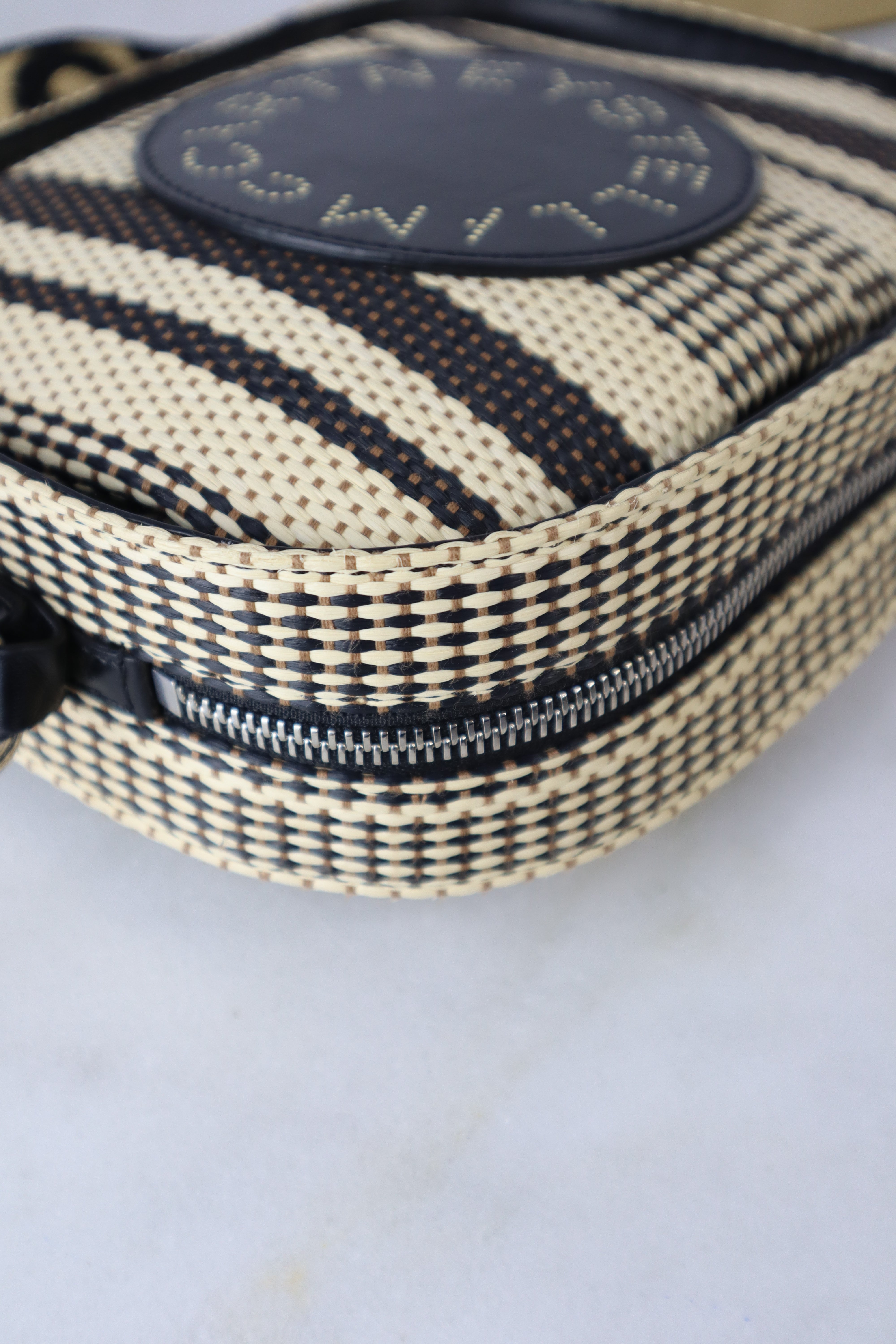 Stella Mccartney Bicolor Eco Small Raffia Striped Logo Camera Crossbody Bag
